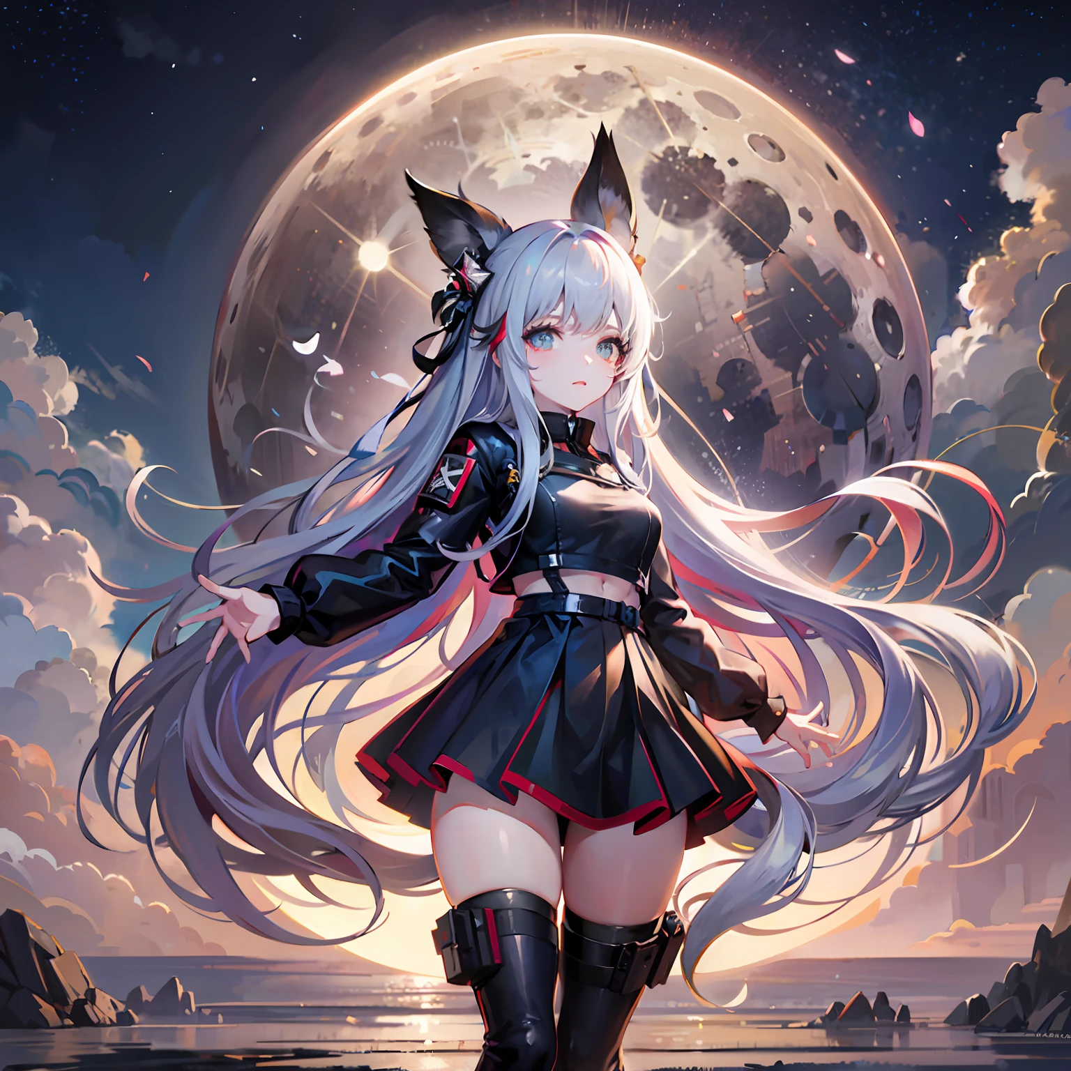 Anime girl with long white hair and black boots standing in front of a full moon, From Arknights, girls frontline universe, from girls frontline, nightcore, trending on artstation pixiv, azur lane style, Very beautiful anime cat girl, anime girl with cat ears, Guweiz in Pixiv ArtStation, Kushatt Krenz Key Art Women