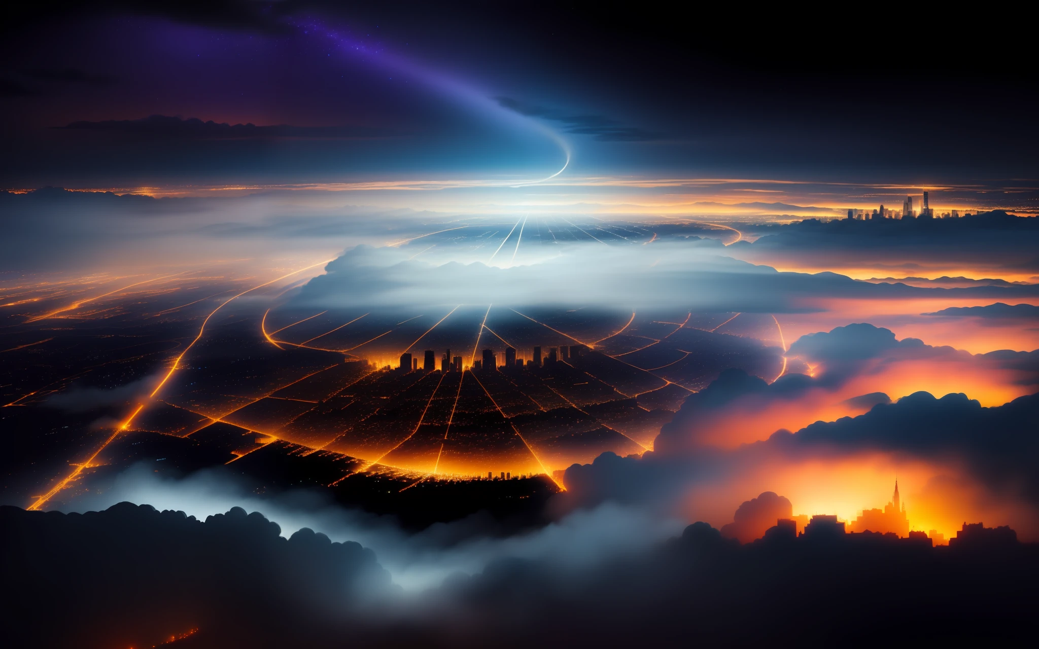 Night view of the city with fog and stars, ethereal starlit city at sunset, city in the clouds, City midnight mist, a city in the clouds, City midnight mist lights, Urban fog, City sunset mist lights, City in the Sky, fog and starry skies, above city, floating city on clouds, soaring above a dense city, Beautiful cityscape