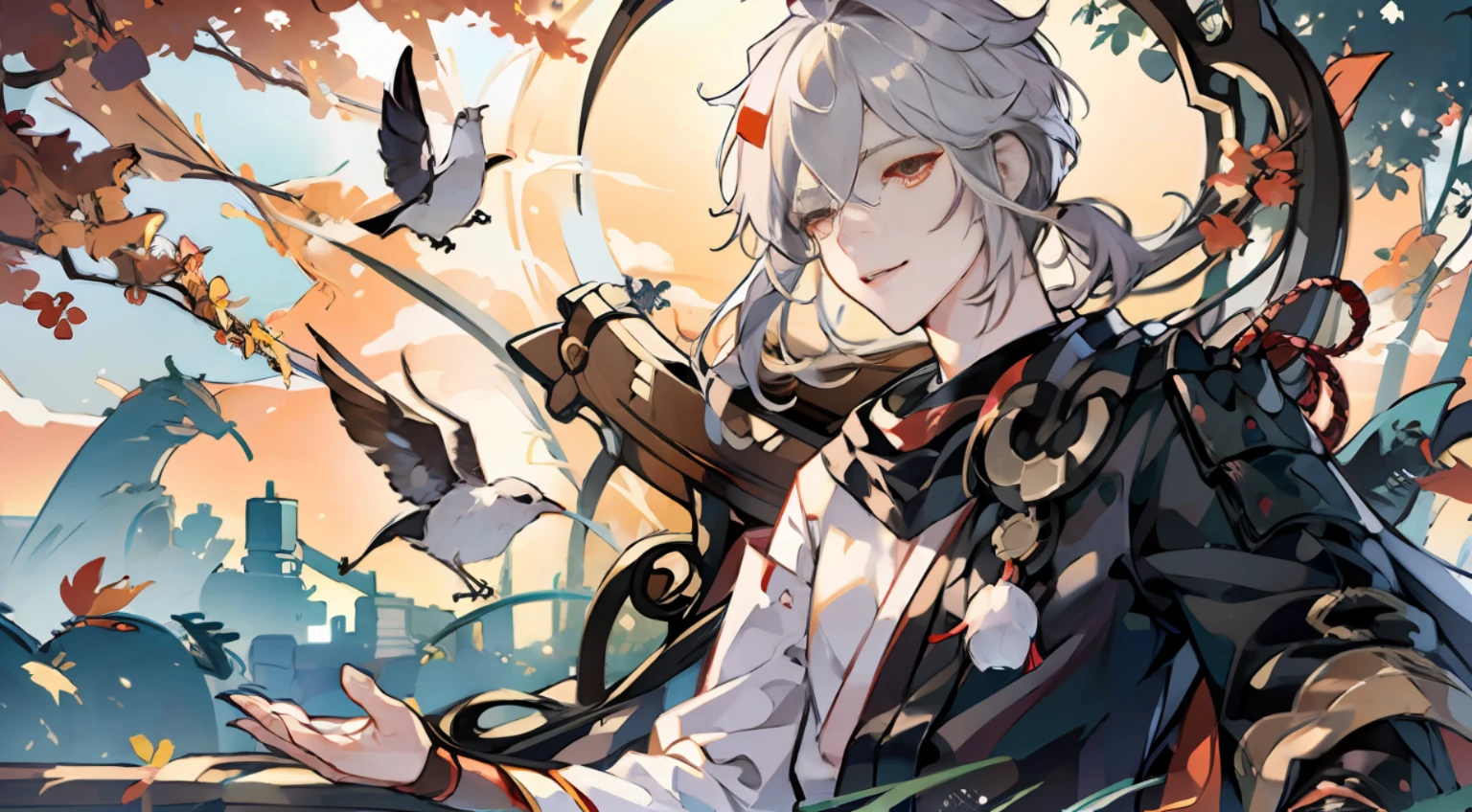 tmasterpiece、best qualityer、(1boy),sitted,closeup cleavage,A half body,Eye focus、beautidful eyes、Red eyes、Floating hair、Floating maple leaves、light particules、orange skies、ventania、bamboos、ln the forest、autumnal、Nihonbashi、Japan Forest、the sunset、looking at viewert、standing on your feet、clouds、The bird、hands out、Light smile,detailedbackground