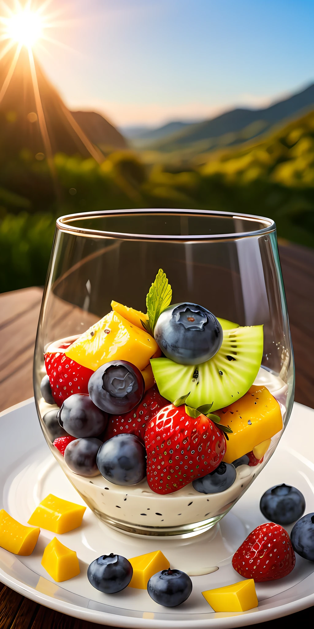 Healthy breakfast. Faceted glass, crystal, mother-of-pearl shimmers, sun glare, Different play of light, Muesli and berry yogurt, CocktailWorld, scenery, landscape, Street, Depth of field , ((blurred background)), Masterpiece, Best Quality, ultra detail, (((Multi-layered jelly))) glass, stained glass windows, Multi-colored highlights, tmasterpiece, Top Quality, Experience, Chic, Boho-chic, a gold, utensil, kettle, a cup, plate, crystals, with floral print,1 glass of milk (can be cow's milk, vegetable milk or yogurt) 1 teaspoon vanilla extract of your choice (optional) Chopped fresh fruits (For example, strawberries, kiwi, mango, blackberry, raspberry, cherry, carambola, blueberries, etc.) Marengo,