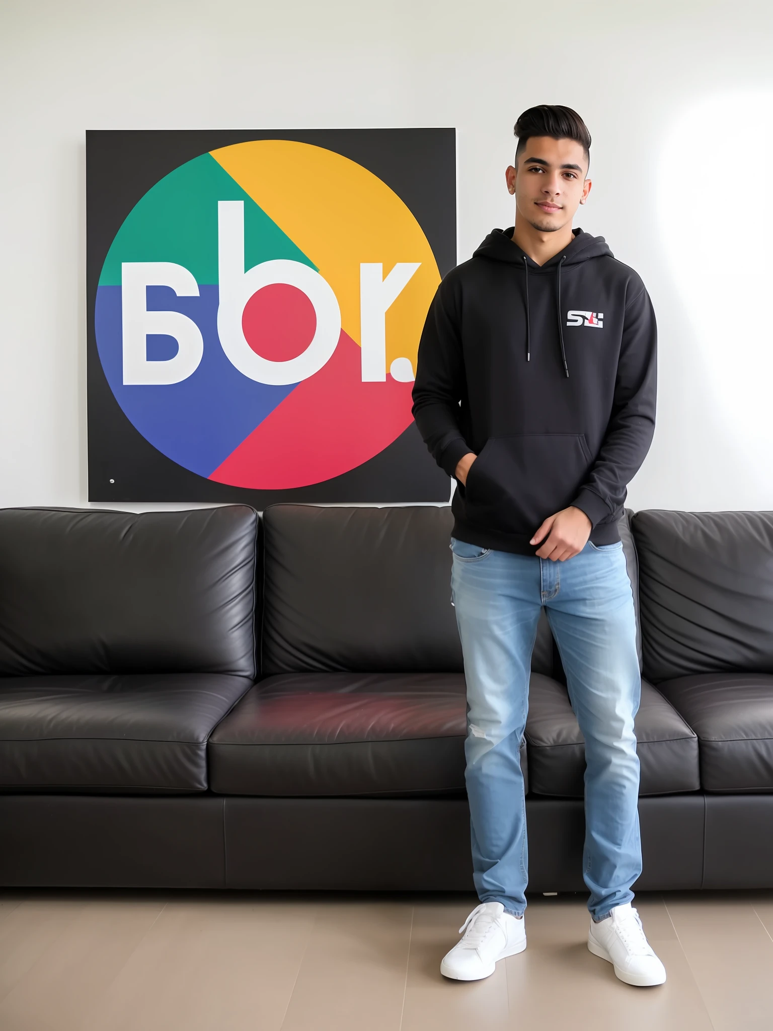 Young Brazilian man standing in front of a black leather sofa, com um quadro atras com o logo do SBT, imagem promocional, wearing jeans and a black hoodie (Foto perfeita, nitida, alta resolução, 4k, perfeita, foto realista, retrato, full hd ,cores vibrantes)