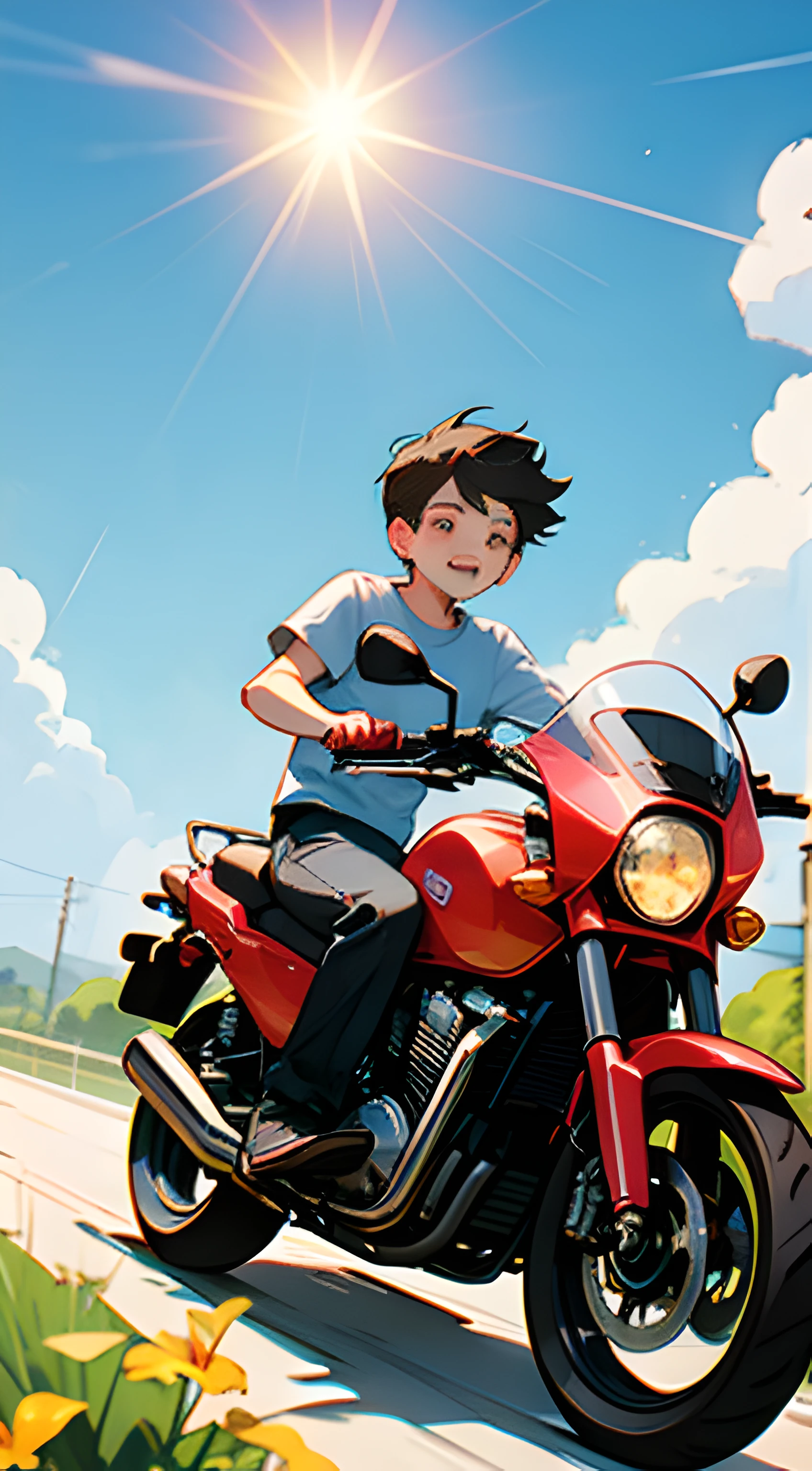 (high high quality)Motorcyclical(younge boy)Show on the(On wide meadows)swim，Wear a summer T-shirt，The direction of the ride is greeting(Brilliant sunshine)，Behind him is(Vibrant garden)。