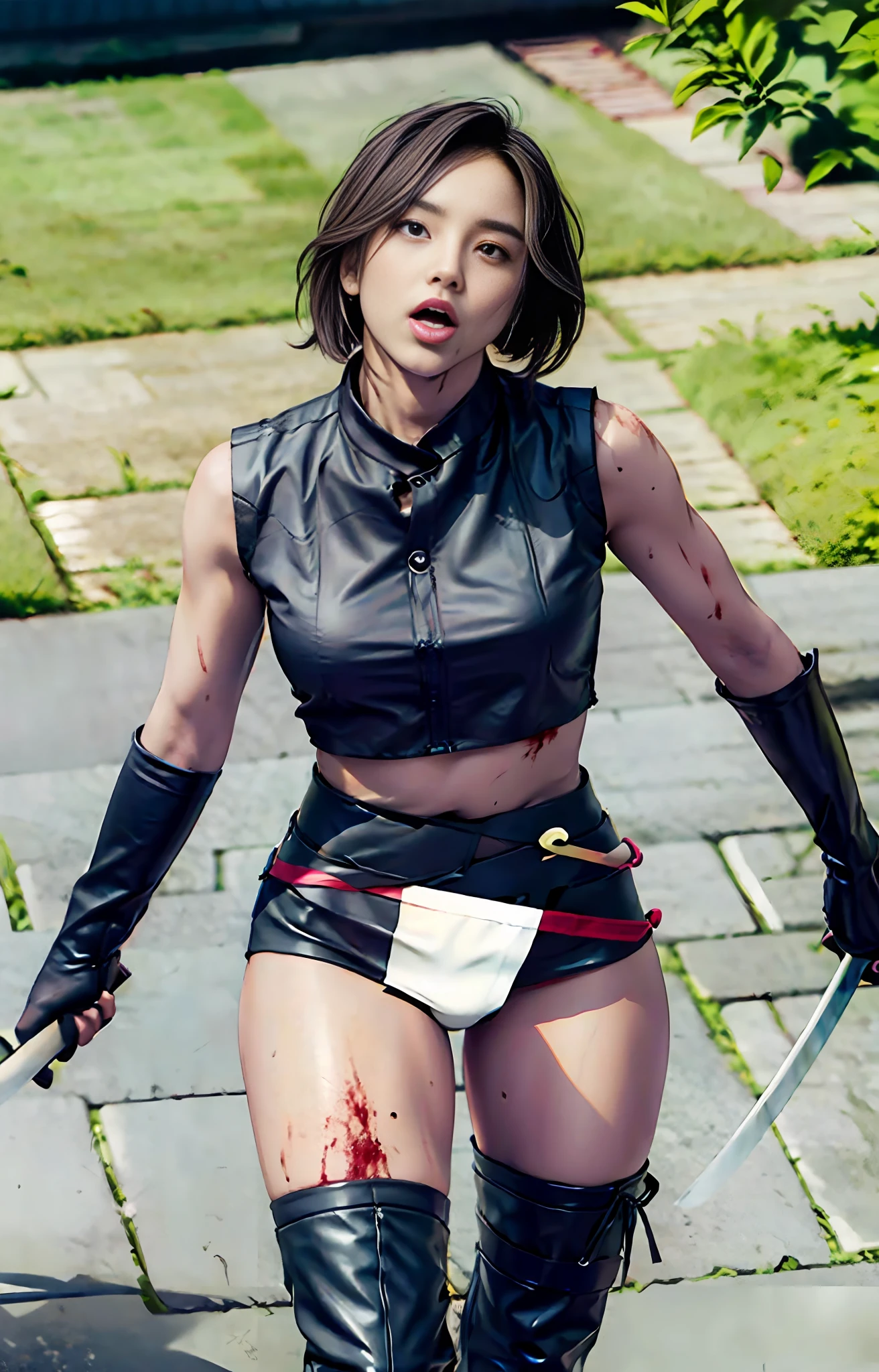 offcial art，Extremely detailed Cg Unity 8K wallpapers，best qualtiy，tmasterpiece，A high resolution，Pretty girl ninja，short detailed hair，Black cut top leather armor，Brown belt，Scabbards on thighs，Japanese Katana Sword，Leather gloves，Black mini leather skirt，Black over-the-knee flat boots，Tight Leather，Small face，The skirt leaks， Spread her legs，with no underpants，bloods，{{Bloody scars on the stomach}}，Blood at the corners of the mouth，Stick out your tongue，wounded in fight，killed in fight，{{Corpse}}, {{Look up}},{{half closed eye}},roll eyes,{{dead body}},