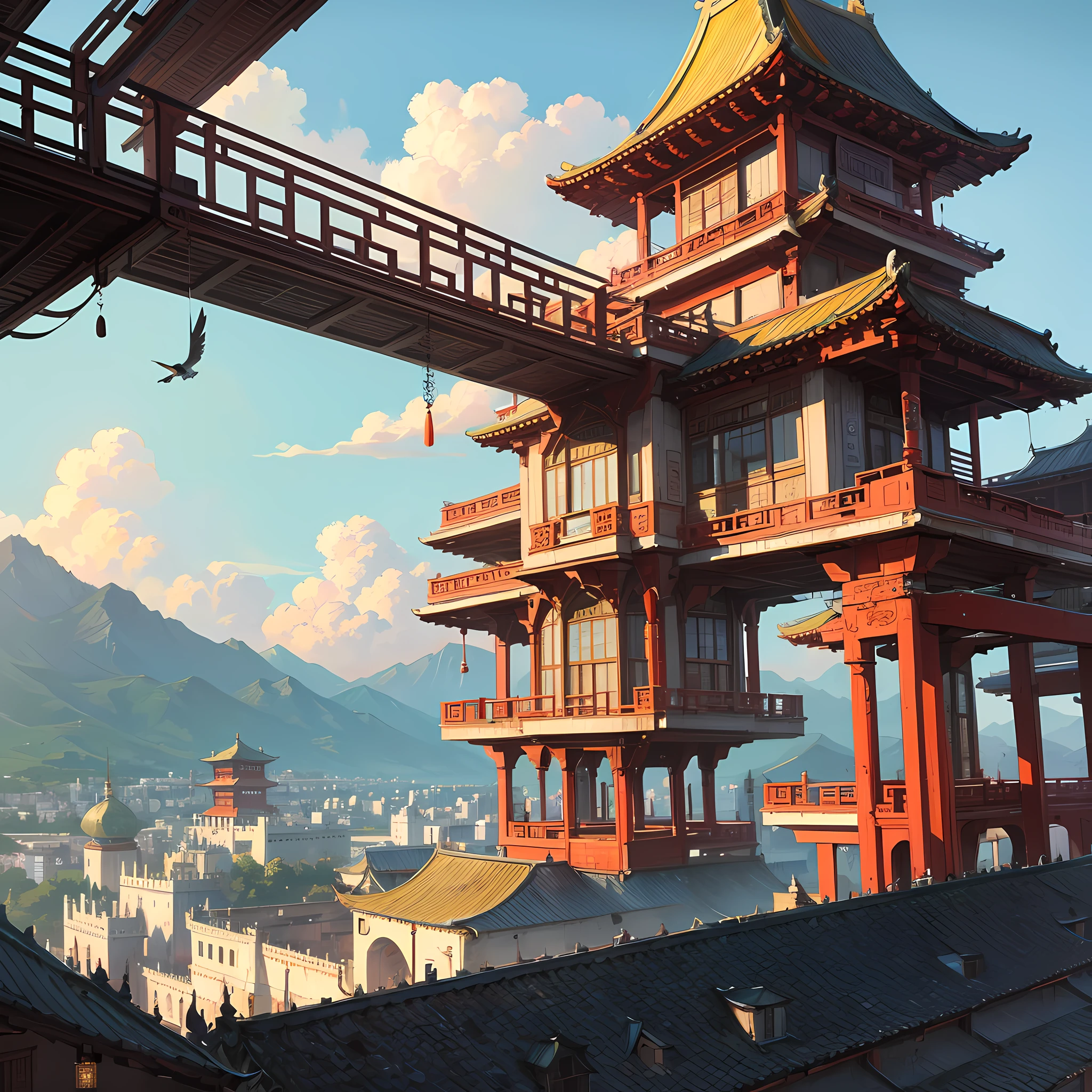 A cyberpunk-inspired crane spreads its wings on the roof of a huge palace,Behind the palace are mountains filled with clouds,China-style,Bronzing --auto