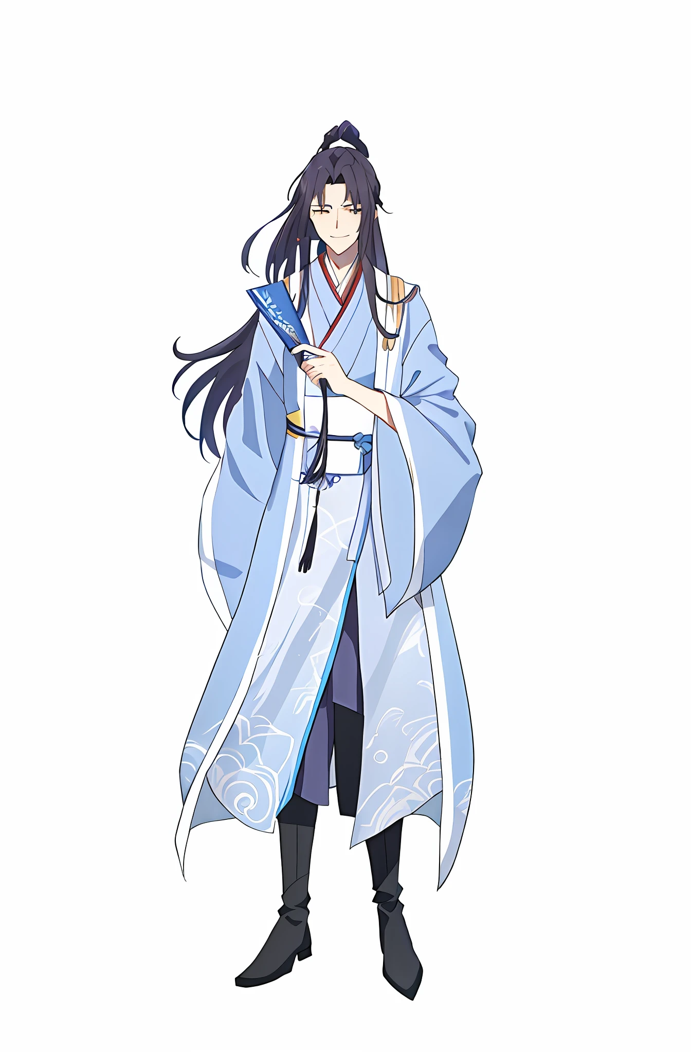 Anime characters with long hair and blue robes holding a fan, flowing hair and long robes, full-body wuxia, inspired by Wu Daozi, Inspired by Cao Zhibai, wearing a long flowing robe, Inspired by Seki Dosheng, Wears a robe with a moire pattern,brunette color hair,Wearing black boots,Holding a folding fan,The robe has a white pattern,A small bag hangs from the waist,There are white flowers on the bag,ssmile