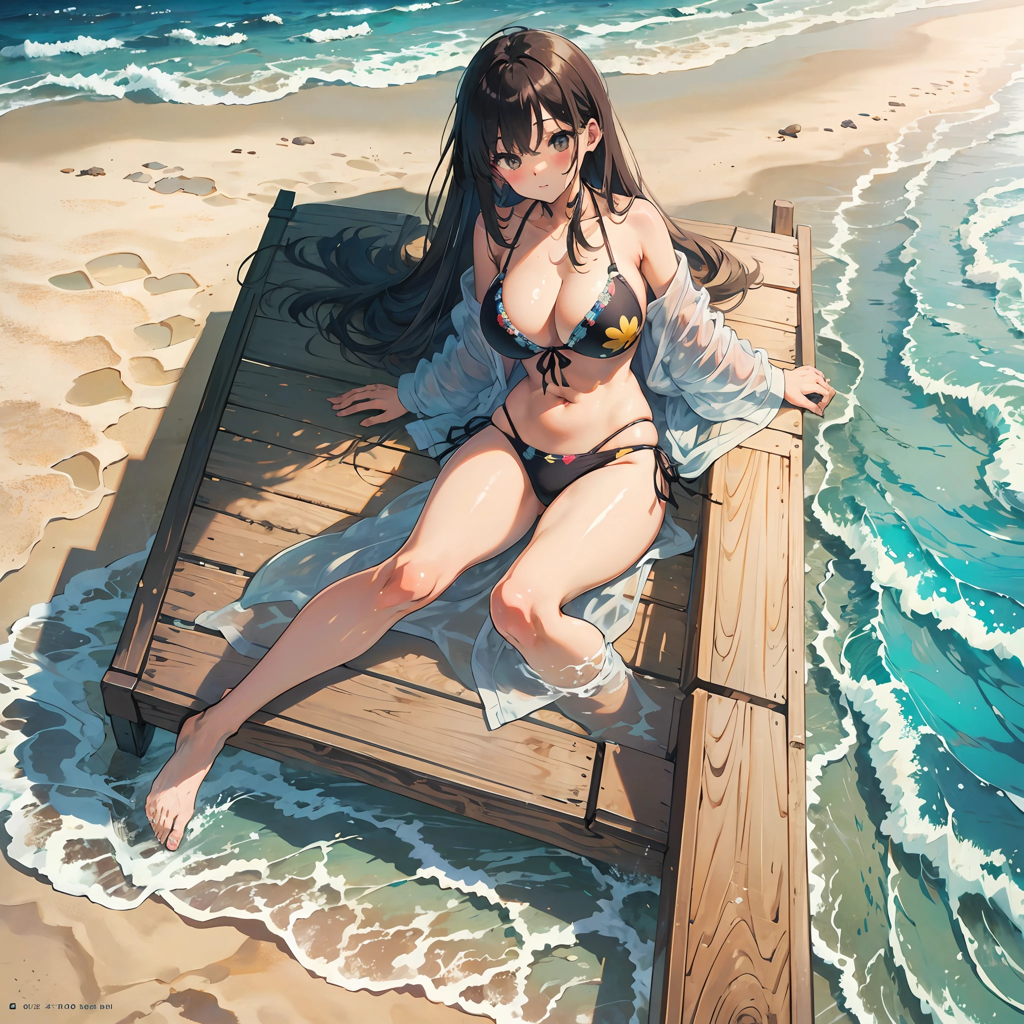 ultra - detailed,Nikkei manga,Big breasts bikini,Less fabric,On the sandy beach,laying on a beach,Raised sexy --auto