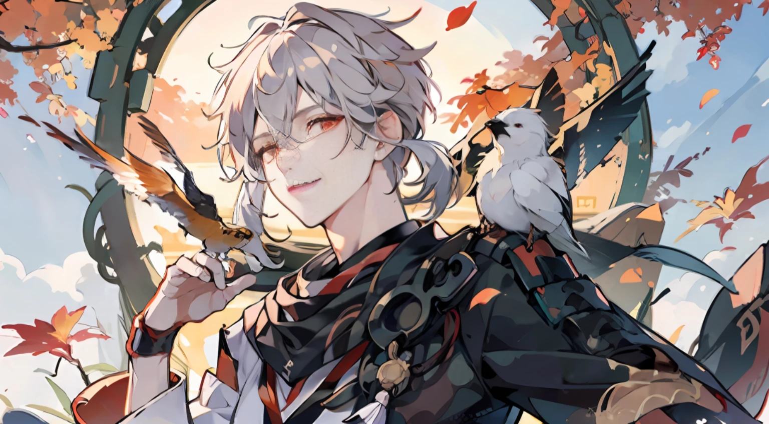 tmasterpiece、best qualityer、（1boy），sitted，closeup cleavage，A half body，Eye focus、beautidful eyes、Red eyes、Floating hair、Floating maple leaves、light particules、orange skies、ventania、bamboos、ln the forest、autumnal、Nihonbashi、Japan Forest、the sunset、looking at viewert、standing on your feet、​​clouds、The bird、hands out、Light smile，detailedbackground