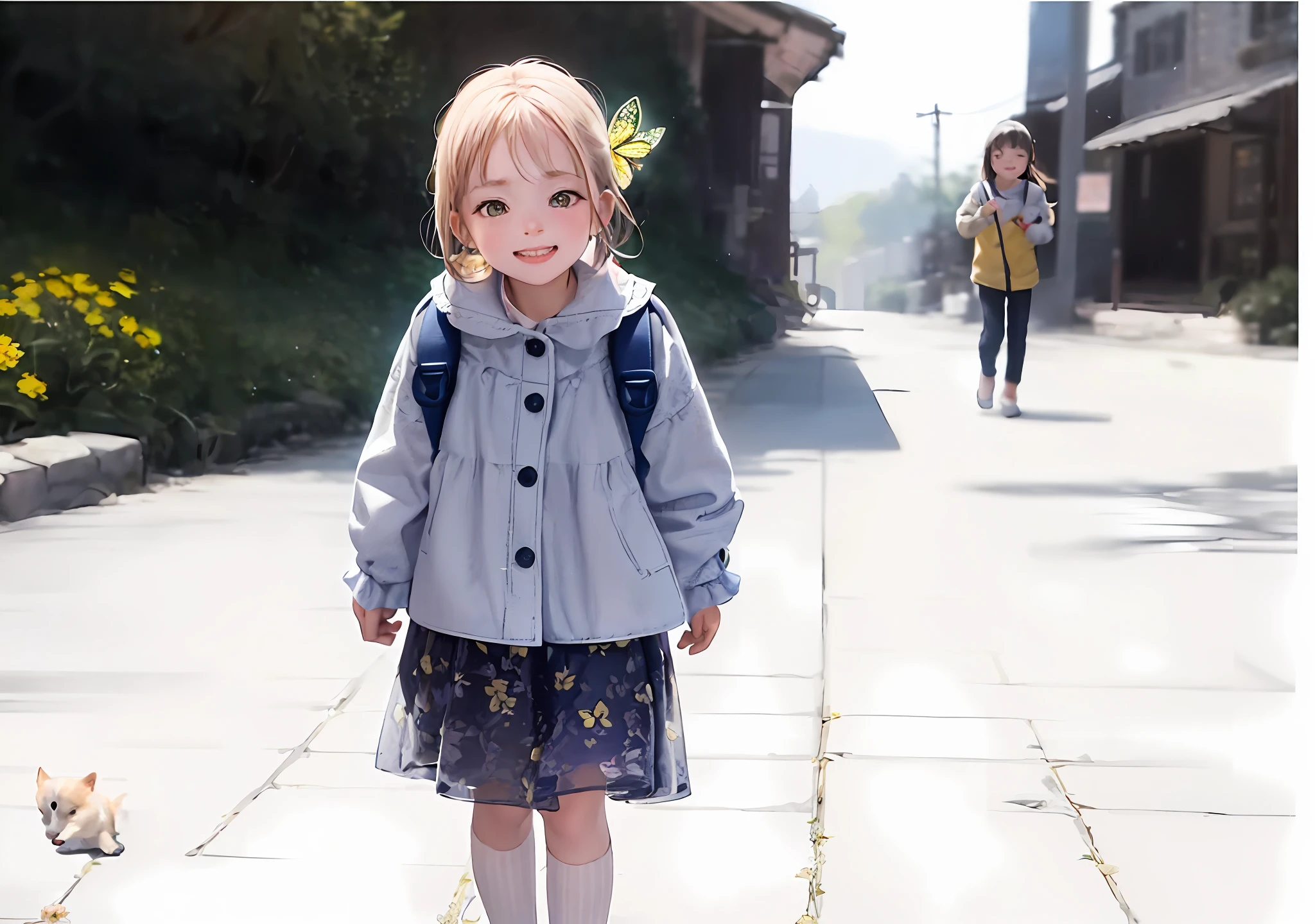 A charming with a backpack is enjoying a lovely spring outing with her adorable puppy, surrounded by beautiful yellow flowers and nature. The illustration is a high definition illustration in 4K resolution, with very detailed facial features and cartoon-style visuals, (butterfly dance)