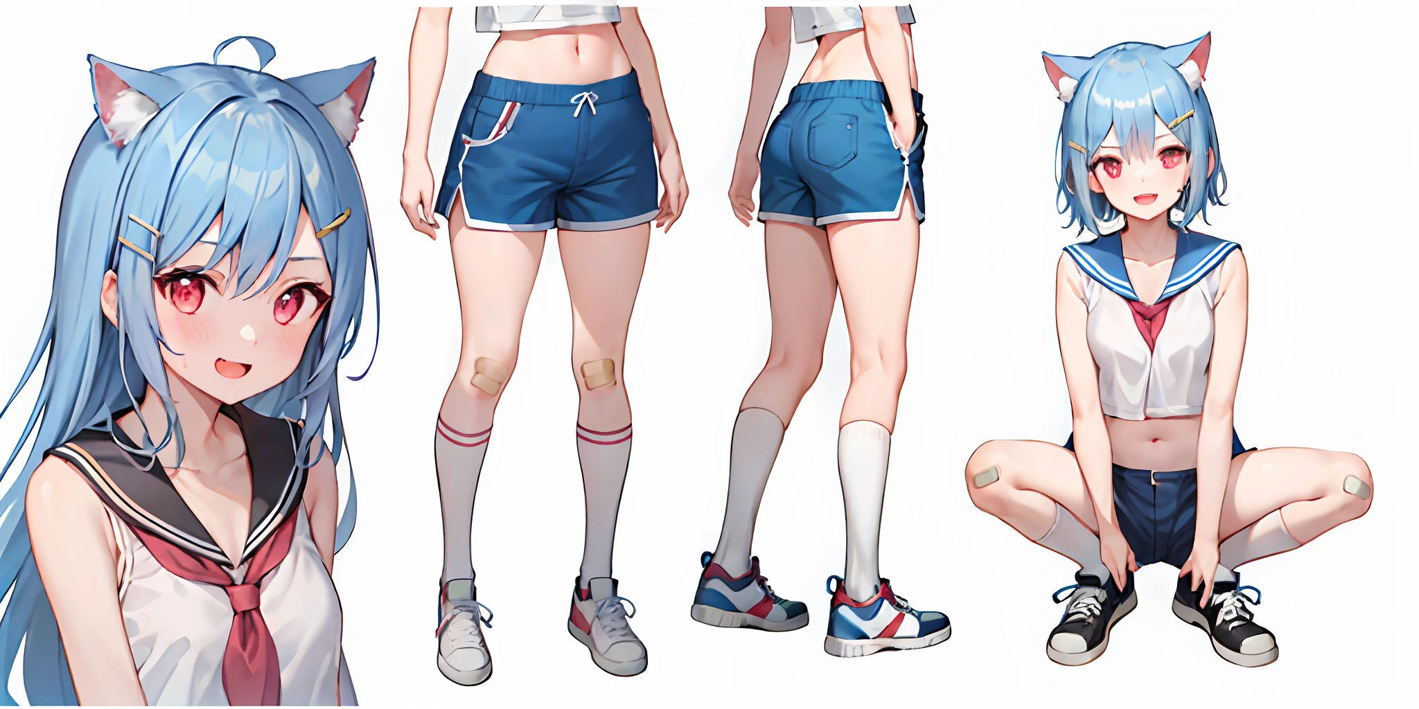 1girl, :d, bandaid, bandaid_on_knee, bangs, bare_shoulders, blue_hair, blue_sailor_collar, blue_shorts, blush, white pink cat ears, collarbone, crop_top, fang, hairclip, kneehighs, long_hair, midriff, navel, one_side_up, open_mouth, red_eyes, sailor_collar, shirt, shoes, shorts, sleeveless, sleeveless_shirt, small_breasts, smile, sneakers, socks, solo, standing,  sweatband, two_side_up, white_legwear, white_shirt, (white_background:1.6)multiple views,full_body