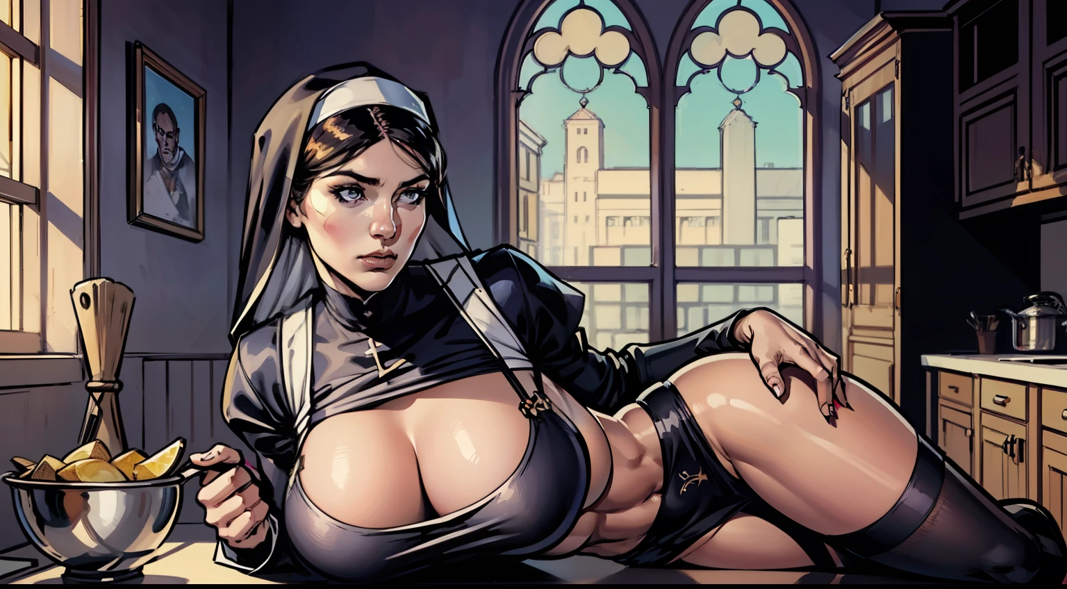 4K,realisticlying,nun uniform,Huge breasts,Super detailed face,Detailed eyes,busty figure,whole body picture,Slender thighs,slendered abs,black lence stockings,Masterpiece,(tmasterpiece,top-quality,best qualtiy),Good shadows,well-composed,Good anatomy,Wear an apron,Woman in a kitchen