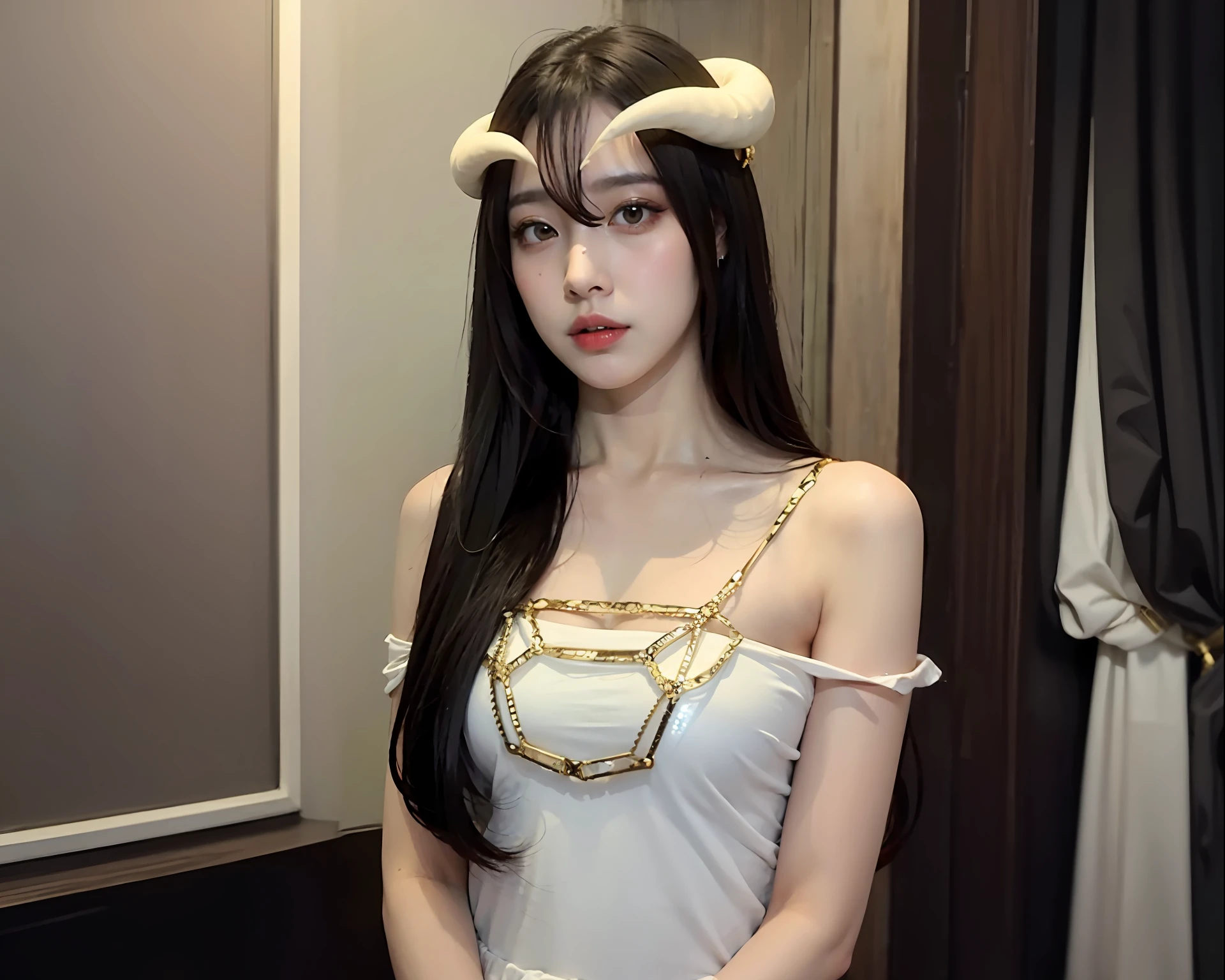 Arafine woman in white dress with horns on head, wearing shiny breastplate, ulzzangs, Korean Girl, breastplates ) ) ), Choi Hong Hwa, Gorgeous young Korean woman, Wearing a gold chain, beautiful Korean women, Open V chest clothes, beads cross onbare chest, Middle Metaverse, profile photo