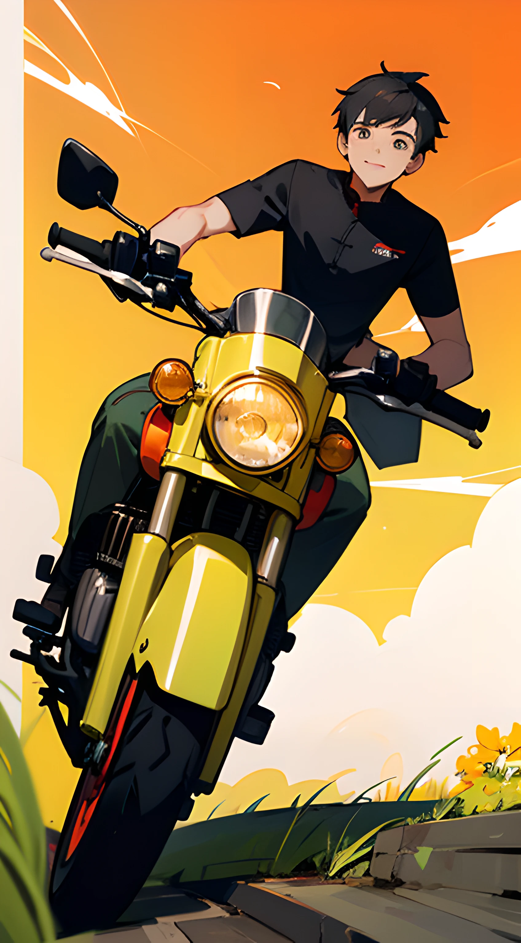 (high high quality)Motorcyclical(younge boy)Show on the(On wide meadows)swim,Wear a summer T-shirt,The direction of the ride is greeting(Brilliant sunshine),Behind him is(Vibrant garden)。