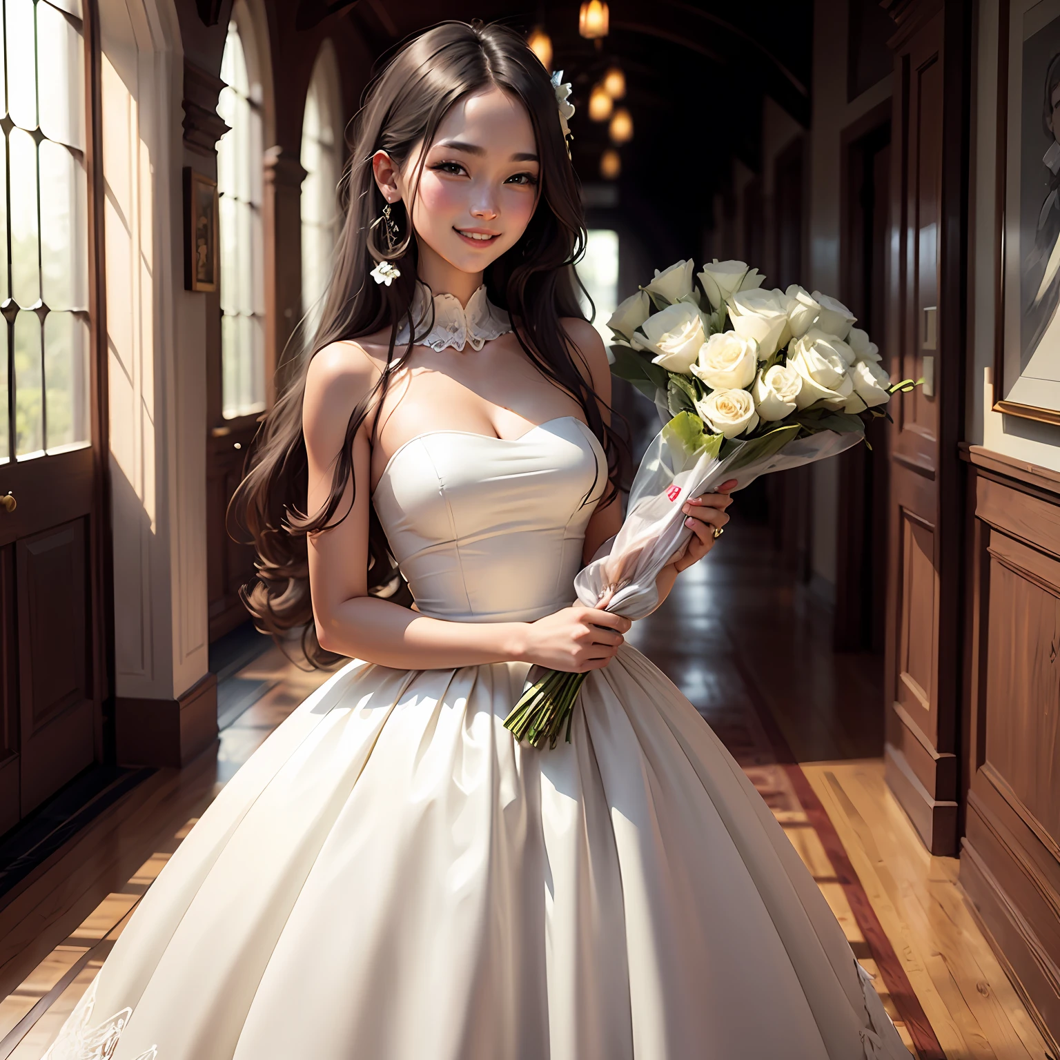 A tall girl with long hair wears a white dress and smiles, holding flowers to you --auto
