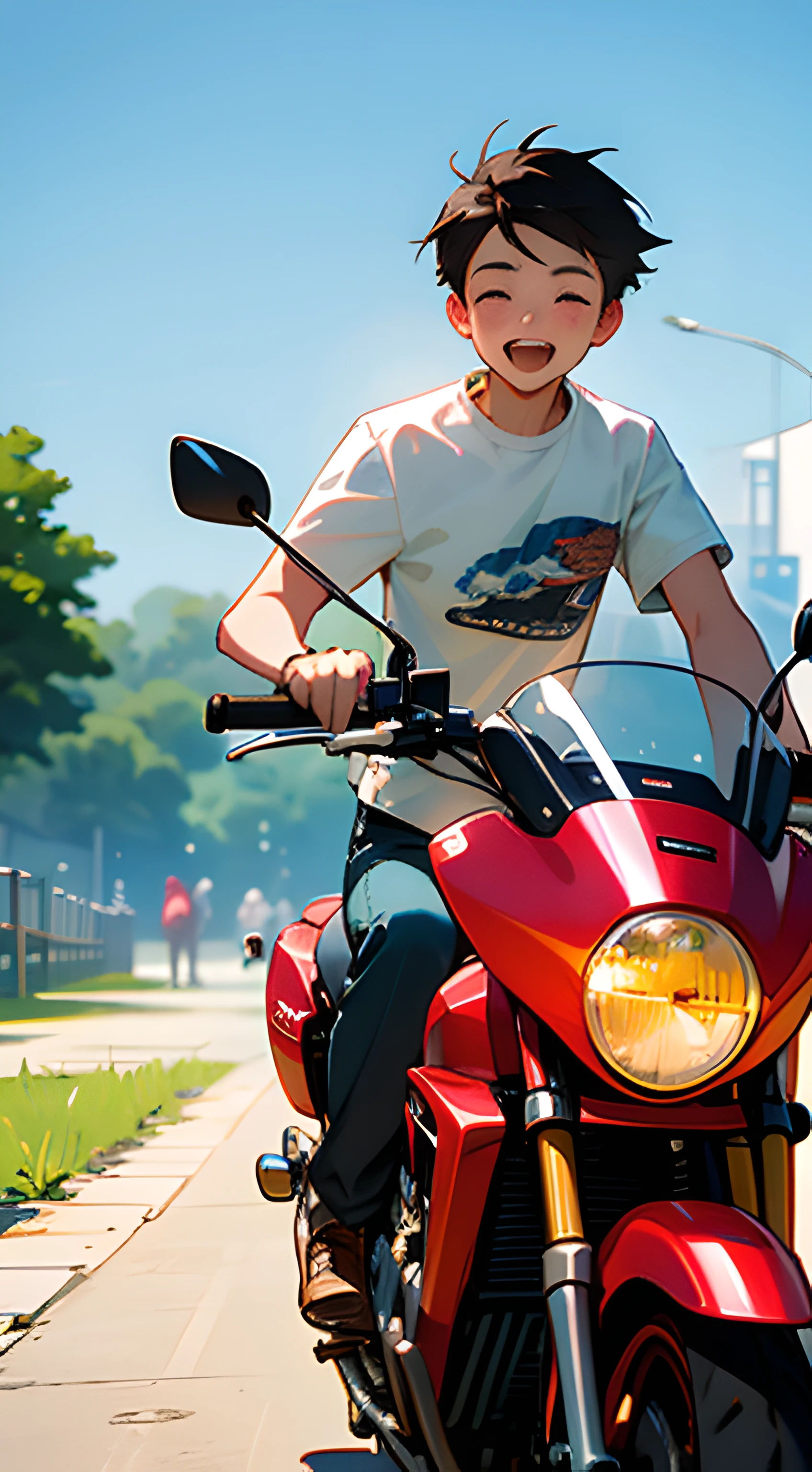 (high high quality)Motorcyclical(younge boy)Show on the(On wide meadows)swim，Wear a summer T-shirt，The direction of the ride is greeting(Brilliant sunshine)，Behind him is(Vibrant garden)。