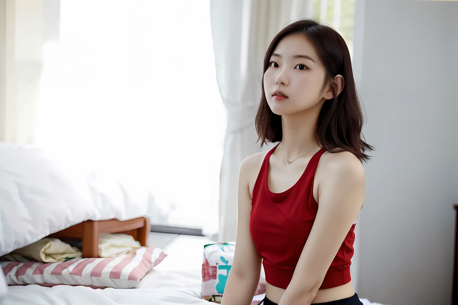 On the bed sat a woman in a red blouse, wearing red tank top, Gorgeous young Korean woman, Beautiful young Korean woman, beautiful Korean women, A young Asian woman, Korean girl, photo of slim girl model, Korean woman, An Asian woman, a cute young woman, photo of slim girl, Young Asian girl, Young Asian woman, Chinese girl --auto