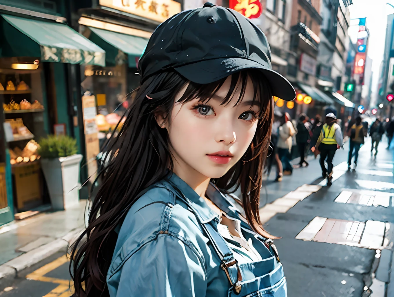 1girll,8K,Street view in China,Dispatcher in overalls,