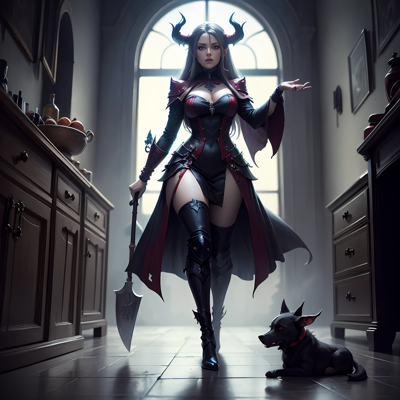 Warlock(full bodyesbian),There is a demon two-headed dog at the feet of the warlock,There is a succubus behind it,In the distance there is a demon guard with an axe,In the corner stood a Void Demon,tmasterpiece,Best quality at best,high high quality --auto