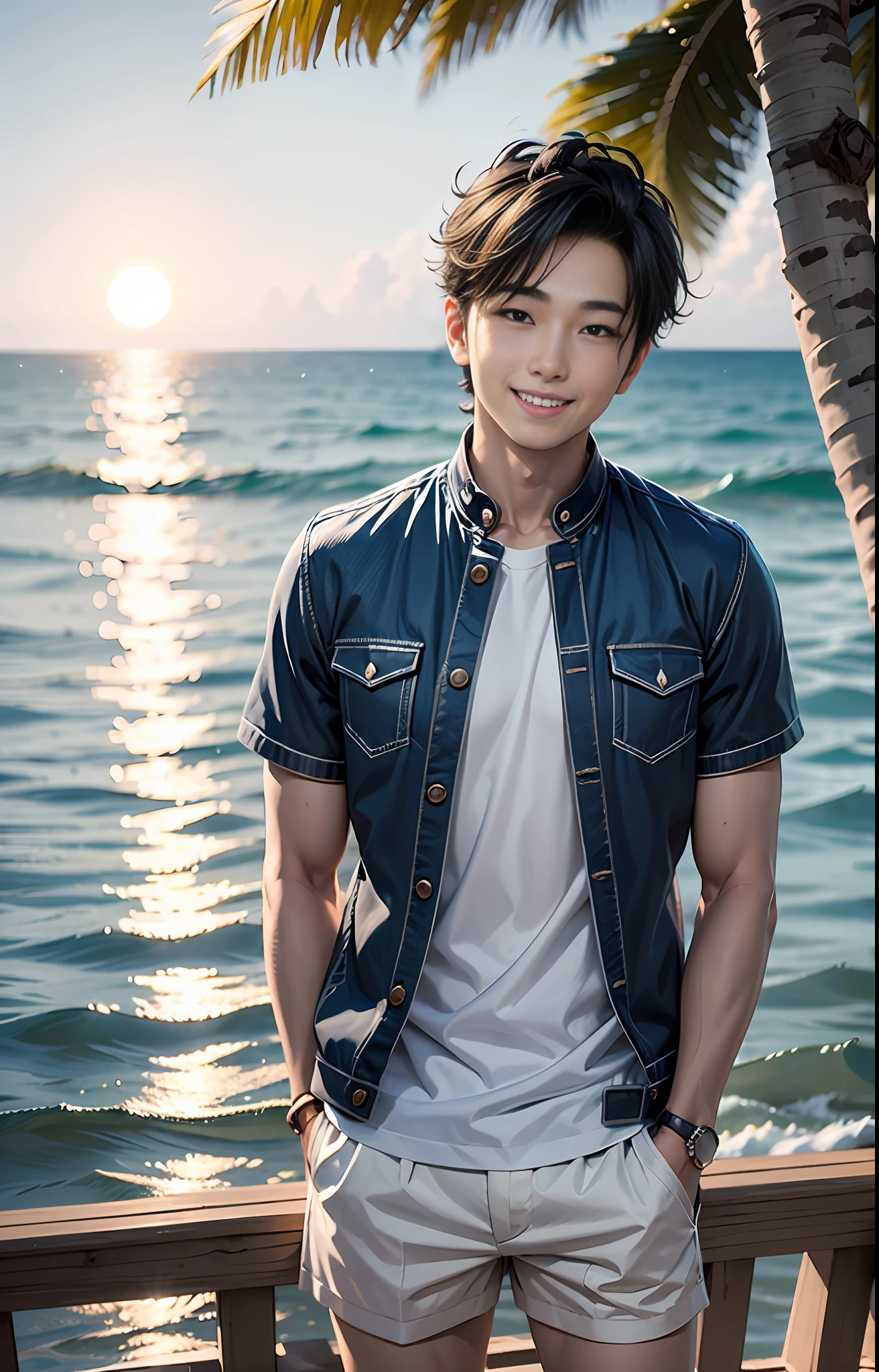 Sea, Sun, Sunny, 2boy, smile, solo