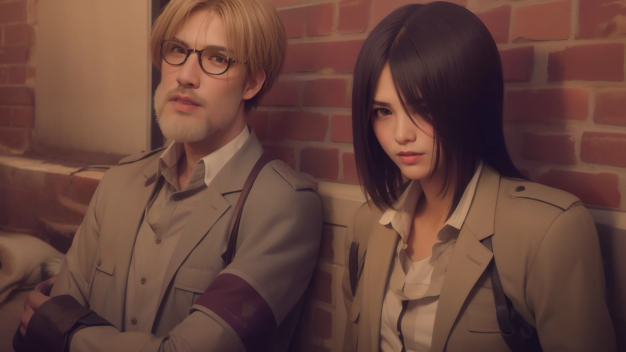 mejor calidad, obra maestra, (realista: 1.2), 1 hombre, Eren Jaeger, vida real, live-action, Vaqueros negros, brown-hair, cabello suelto, Cabello largo, Chad, GigaChad, masculino, masculino, barba de rastrojo, barba clara
