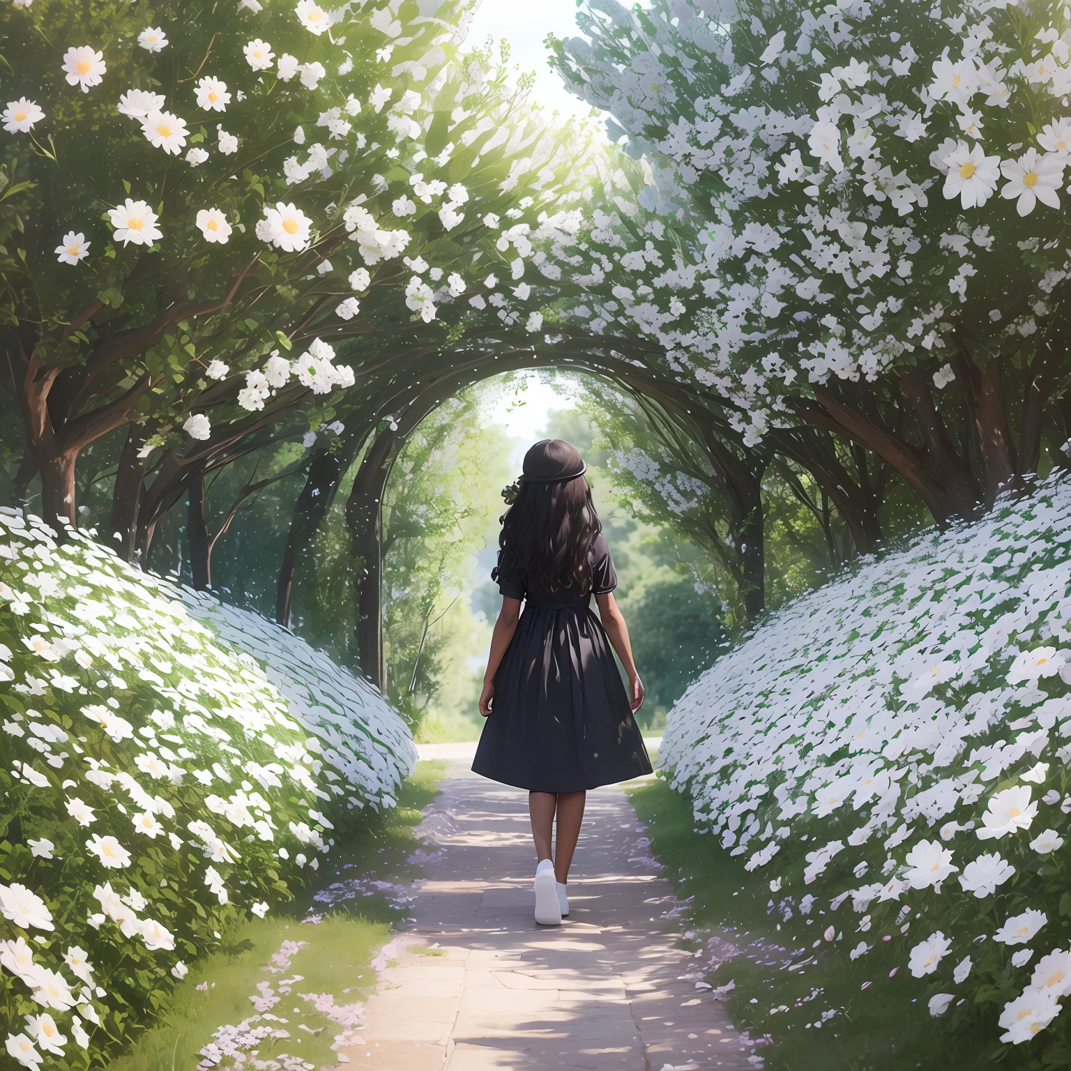 Large patches of roses,There is a path in the middle,There is a woman's elegant back,with blue sky and white clouds,light wind --auto