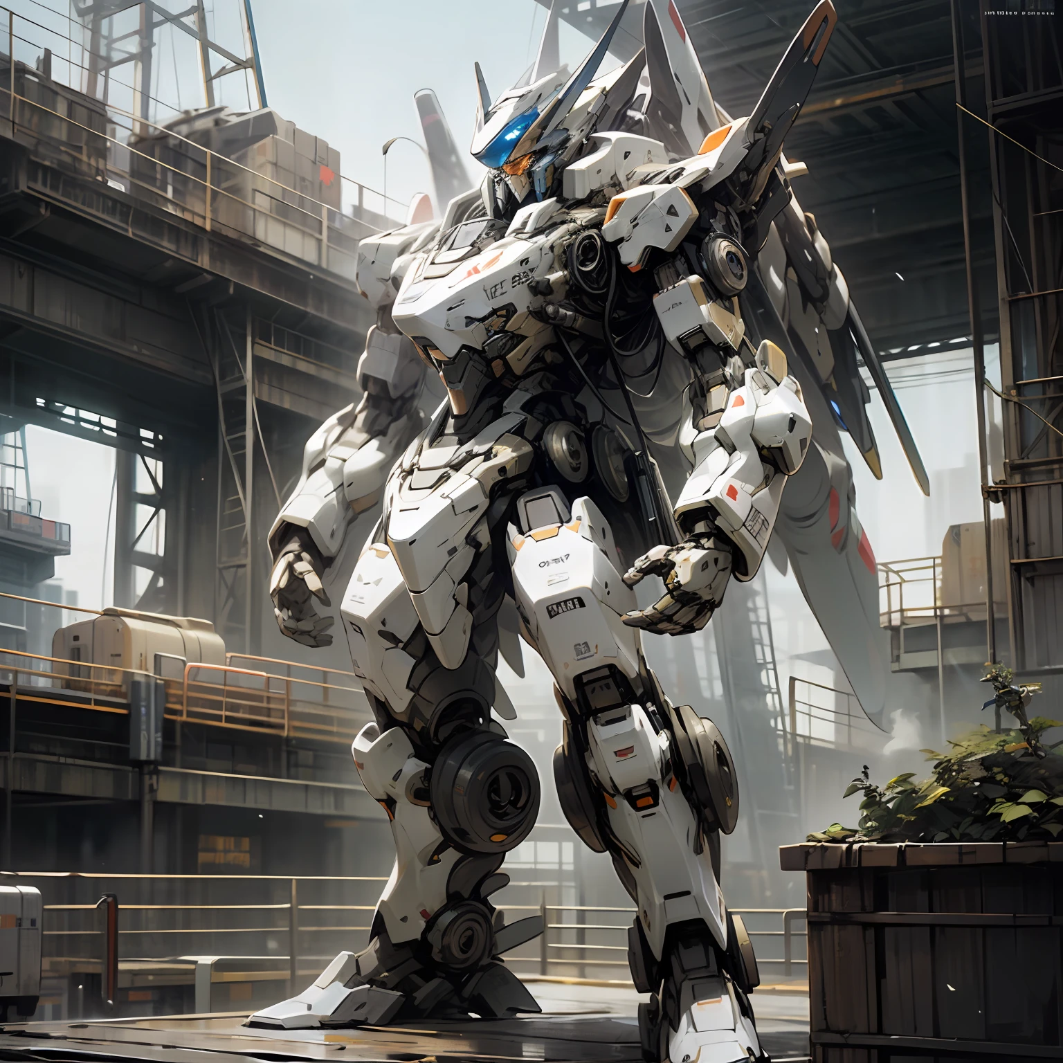 There is a robot standing on the dock,The background is a ship, alexandre ferra white mecha, anime large mecha robot, white color mecha, cool mecha style, mecha art, painterly humanoid mecha, anime concept hdr anime macmanus, giant anime mecha, Mecha suit, mecha asthetic --auto