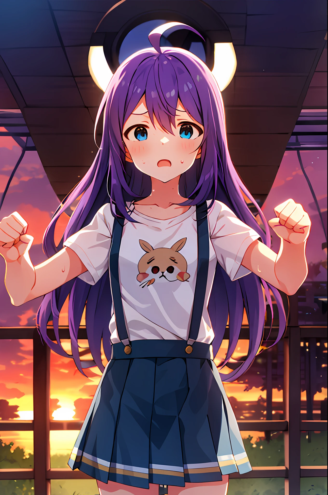 mochizuki anna,1girl in,Solo,Long hair,Purple hair,Medium chest.Ahoge,Blue eyes.Short stature.white t-shirts.suspenders.Skirt.Evening glow.the setting sun..Despair face.Sweat.Opening Mouth.clench your fists.up chest.