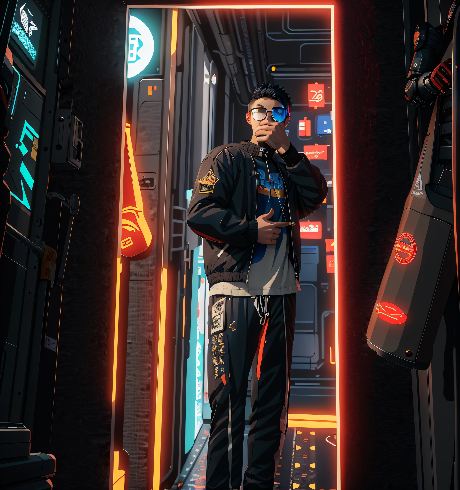 Anime boy in shorts and jacket standing next to giant robot, guweiz style artwork, cyberpunk anime boy mech, trending on cgstation, guweiz, Russell Dongjun Lu, digital cyberpunk anime art, ross tran 8k, artstation pixiv on guweiz , mech cyber armor boy