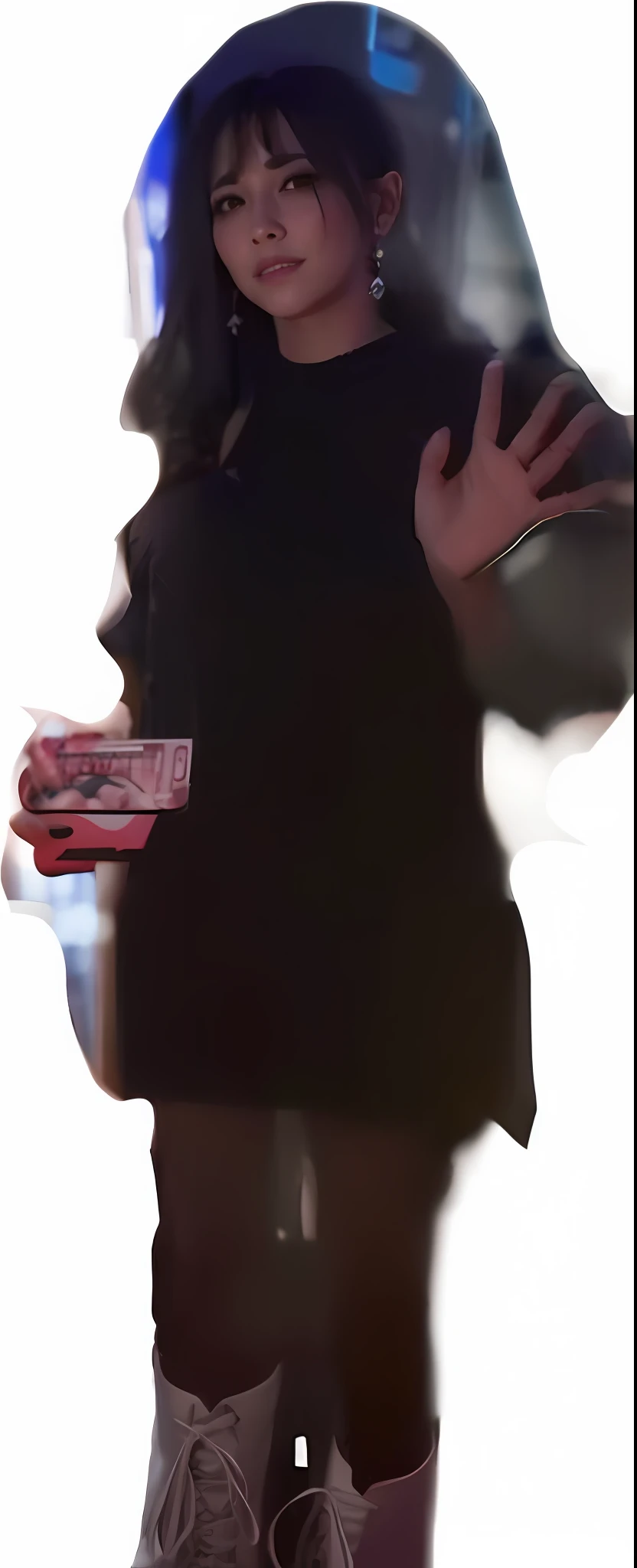 The image of a beautiful woman in a black dress, She is facing the camera, Pose in a beckoning pose, she wears a black dress, He wore white boots, She wears sexy black silk, She is the villain, She has muscles, She has abs,The background is at the bar