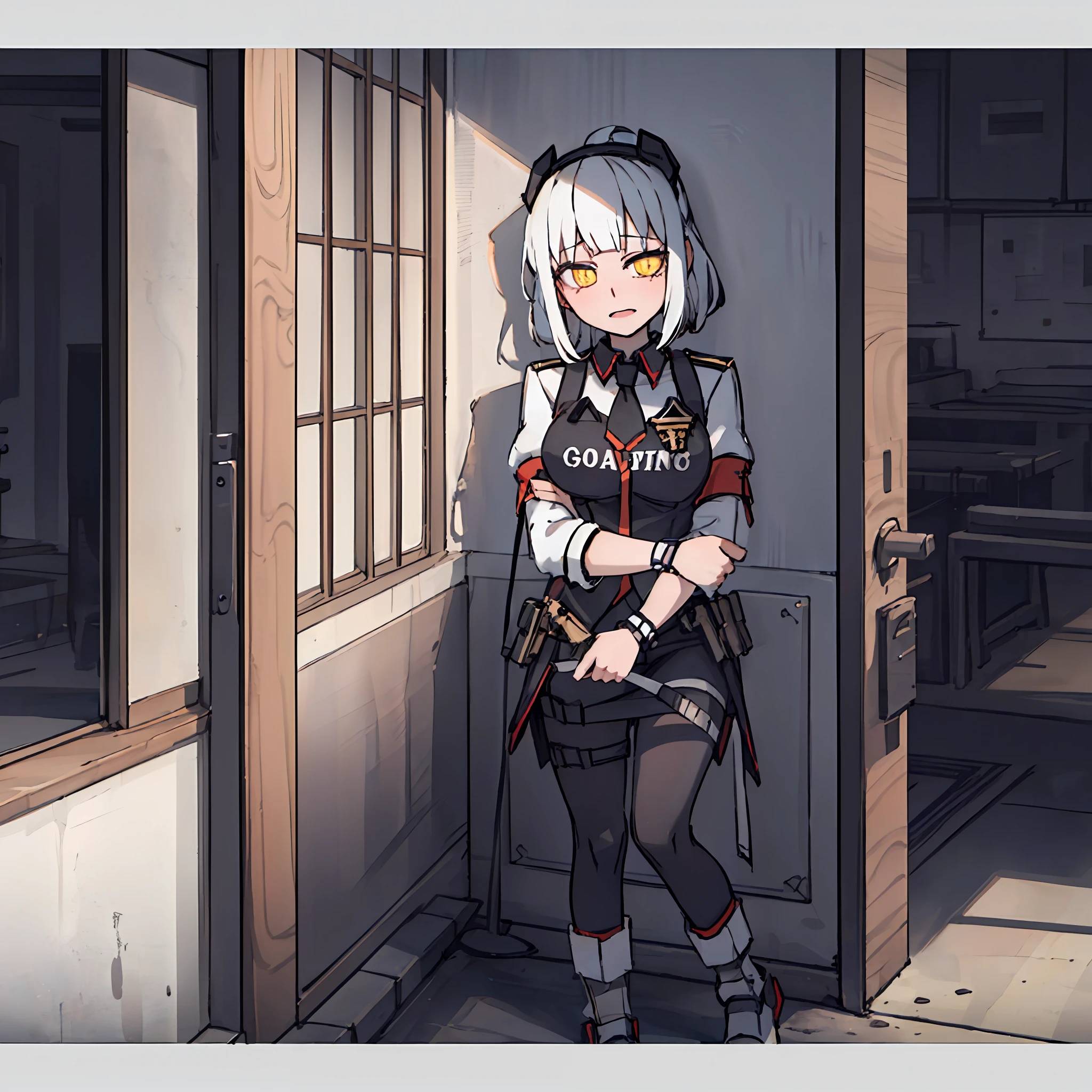 ((Adepta Sororitas, best quality, mastery, ultra-detailed, aburdress)), 1girl, (solo:1.4), armour, White hair, inside in room, from the above, looking at viewert, A Gothic Church, ((amber eyes, yellow eye , glowing light eyes)), Malu, Lewdness,drools, inside in room, illumination, Volumetric lighting, Semi-realistic
