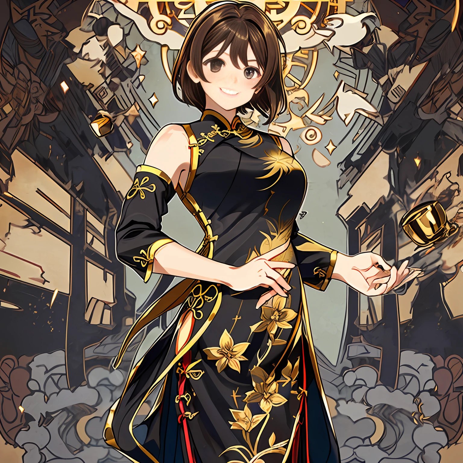 (hightquality、8K、masterpiece:1.3)、focus:1.2、1girl in、perfect body type:1.4、((dark brown hair))、(Golden Cheongsam:1.4)、Road after rain、sand-colored eyes、二重まぶた、Turn around、a smile、15yo student