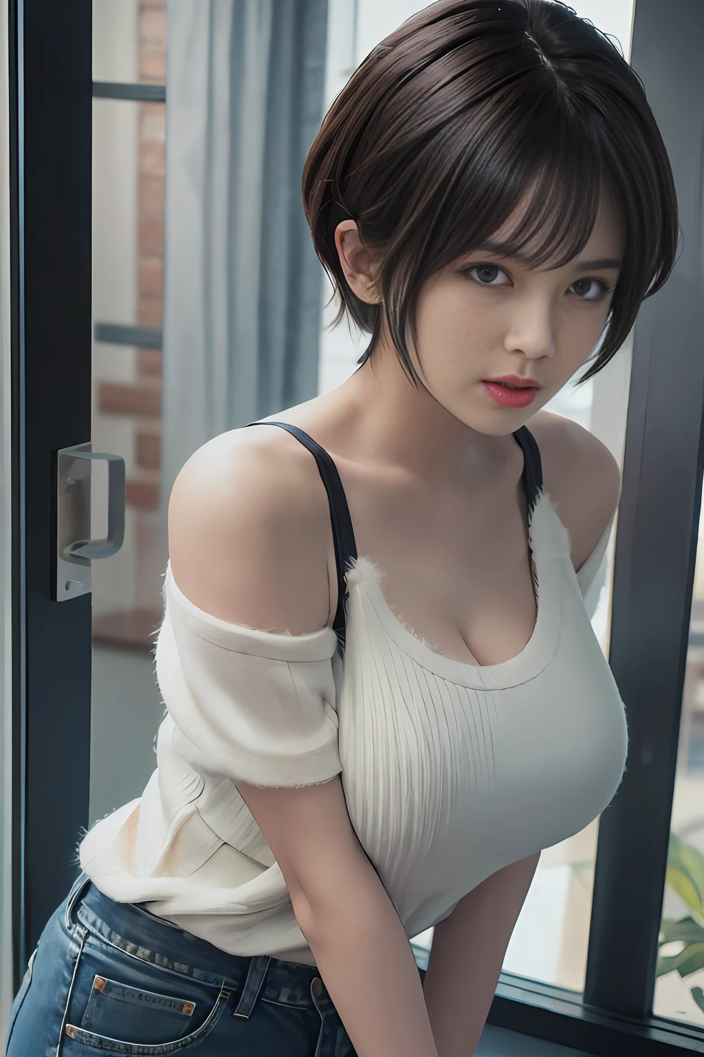 (Masterpiece:1.3), (8K, Photorealistic, RAW photo, Best quality: 1.4), (1girll), Cute round face, fully body photo,(Realistic face), (Black hair, Short fluffy hair:1.3), (Large breasts :1.2),Nice detail eyes,(Realistic skin),(Leaky shoulder sweater),enticing,超高分辨率,The is very detailed,the golden ratio,Bend over and lean forward,denim hot-pants