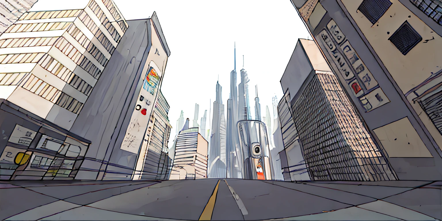 Illustration of a sci-fi city, anime city lineart, three point perspective,Futuristic,Blue Tech