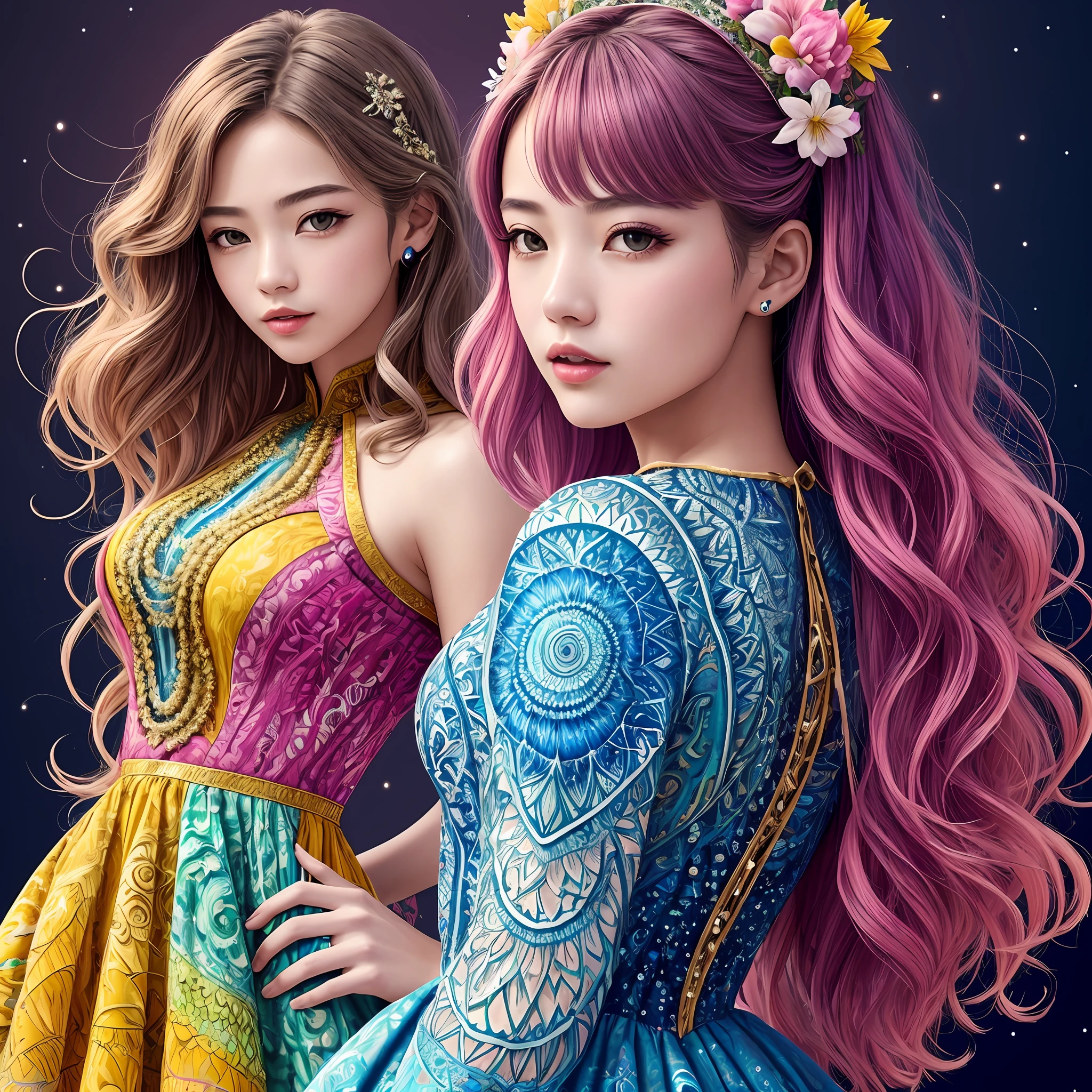 (​masterpiece、top-quality、top-quality、Official art、Beautifully Aesthetic:1.2)、(1girl in:1.3)、ighly detailed、(Fractal Art:1.2)、colourfull、highestdetailed、(Zentangle:1.2)、(Dynamic Pause) 、（Abstract background：1.5）、（Nice dress：1.2）、（shinny skin）、（Many colors：1.4）、full bodyesbian 、((shorth hair))