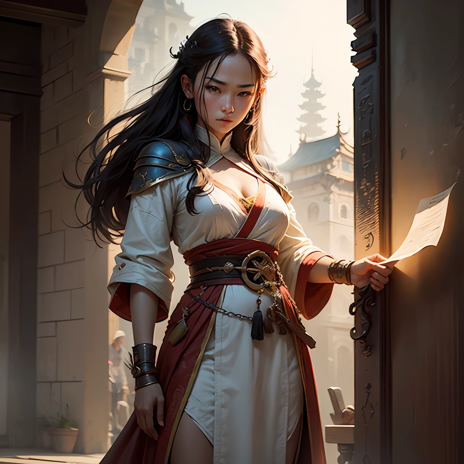 Best Picture Quality，Masterpiece level，UHD resolution，Strong realism（1.4），Original content，1 Future Warrior Maiden，young 17 years old，Wear a battle robe，Scrappy，Qi Yu Xuanang，Deep shadows，The lighting is low-key，The style is grim。