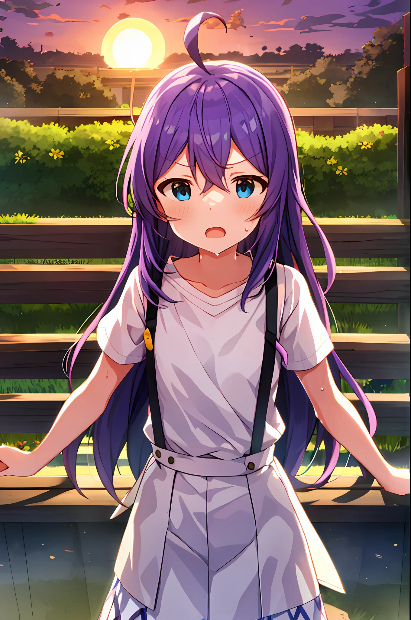 mochizuki anna,1girl in,Solo,Long hair,Purple hair,Small_Ahoge,Blue eyes.Short stature.white t-shirts.suspenders.Skirt.Evening glow.the setting sun.Spread your arms.Despair face.Sweat.Opening Mouth.clench your fists.up chest.