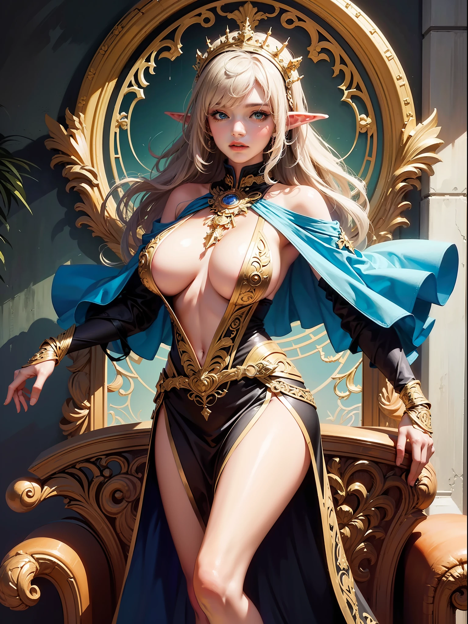 official art, unity 8k wallpaper, ultra detailed, beautiful and aesthetic, masterpiece, best quality, (zentangle, mandala, tangle, entangle), (fractal art:1.3) , 1girl, visible,alluring elf princess knight, (((large boob))),gold Saint's costum
