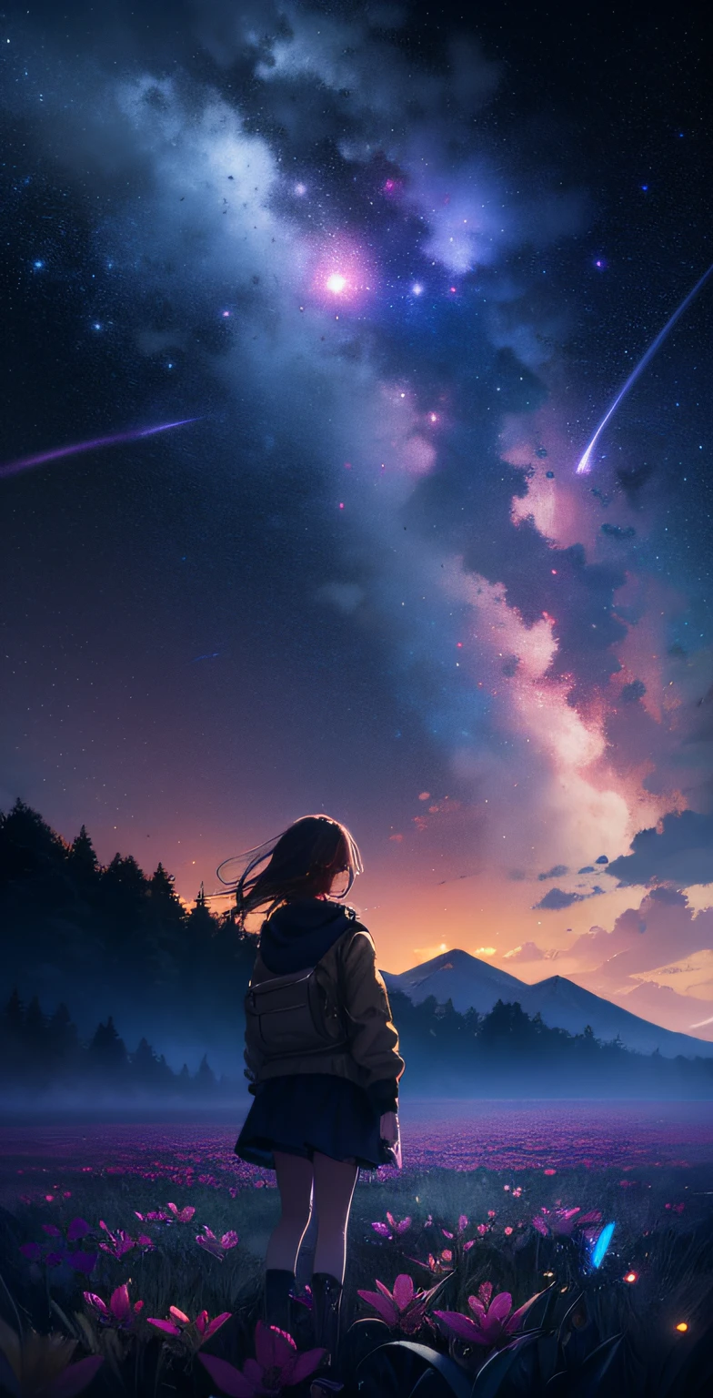 expansive landscape photograph , (a view from below that shows sky above and open field below), a girl standing on flower field looking up, (full moon:1.2), ( shooting stars:0.9), (nebula:1.3), distant mountain, tree BREAK
production art, (warm light source:1.2), (Firefly:1.2), lamp, lot of purple and orange, intricate details, volumetric lighting, realism BREAK
(masterpiece:1.2), (best quality), 4k, ultra-detailed, (dynamic composition:1.4), highly detailed, colorful details,( iridescent colors:1.2), (glowing lighting, atmospheric lighting), dreamy, magical, (solo:1.2)