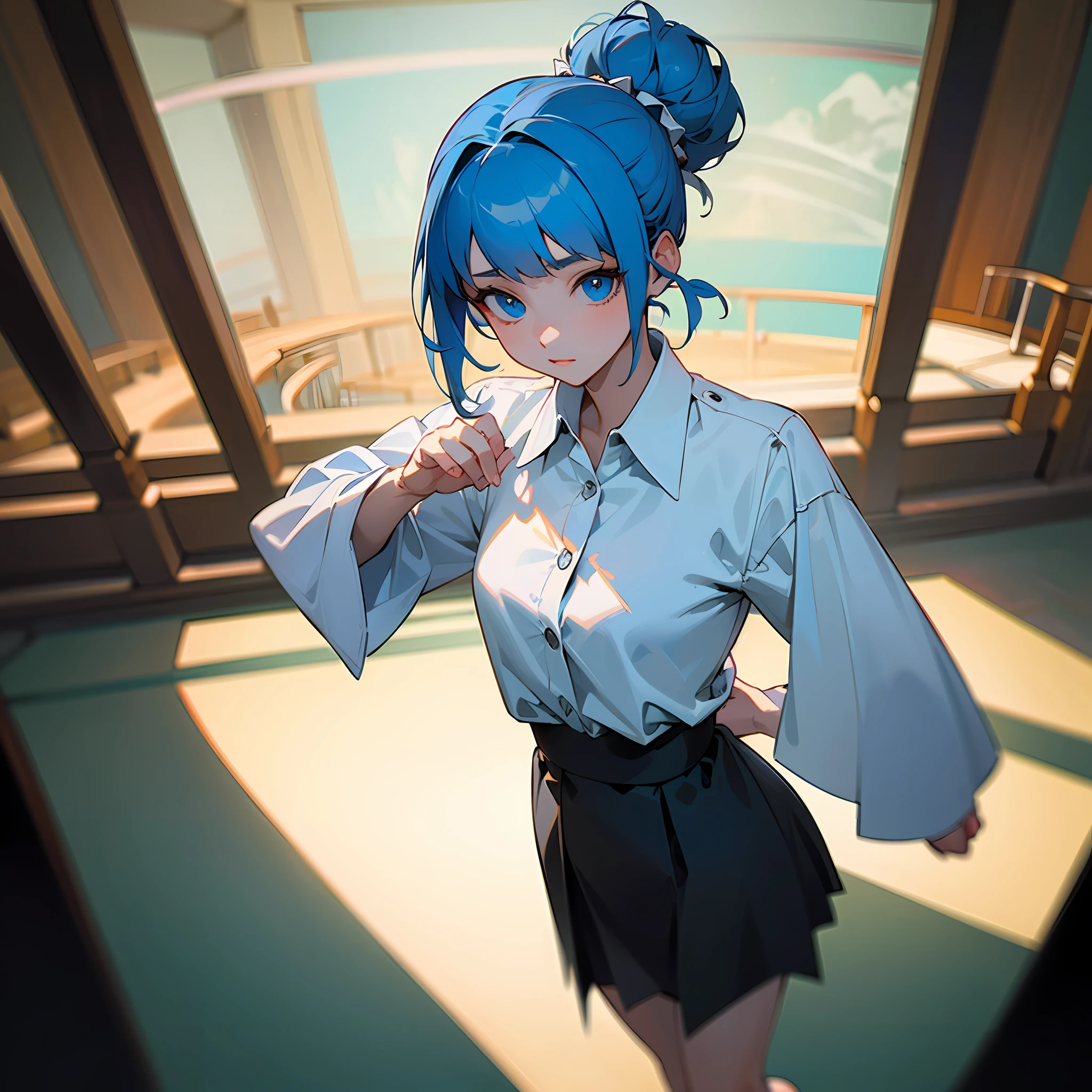 ((masterpiece)), (best quality), (detailed), (1girl), blue hair, blue eyes, updo, white shirt, black dress, looking down on the audience --auto