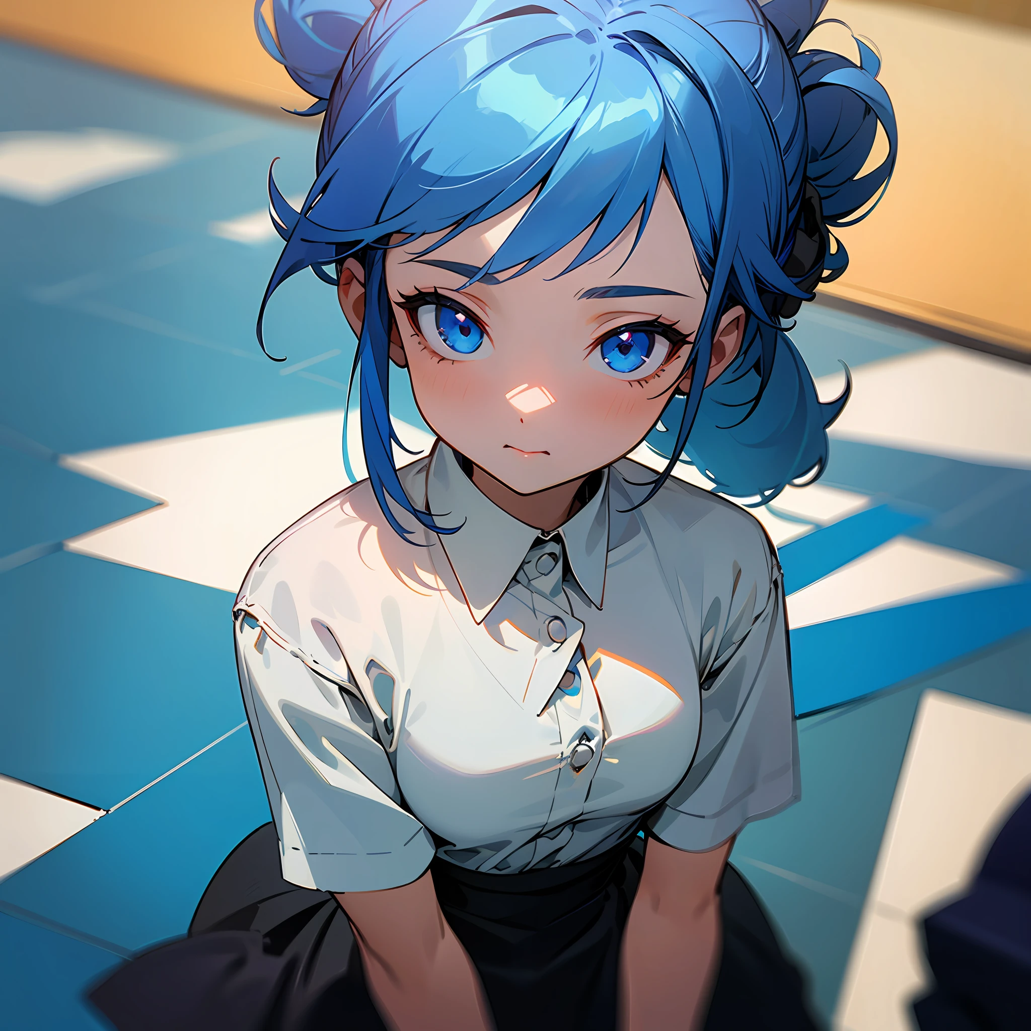 ((masterpiece)), (best quality), (detailed), (1girl), blue hair, blue eyes, updo, white shirt, black dress, looking down on the audience --auto