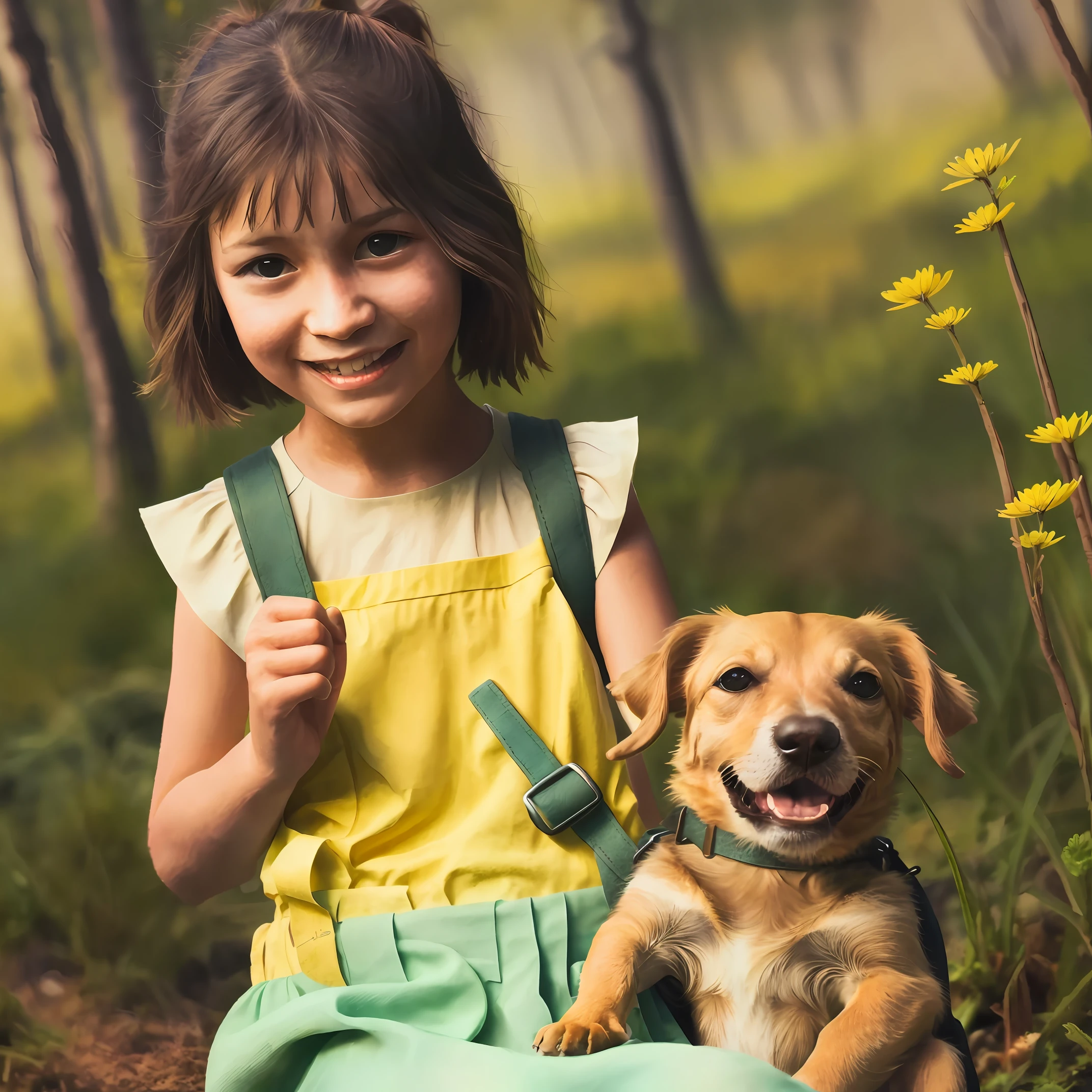 An incredibly charming carrying a backpack, accompanied by her adorable puppy, enjoying a lovely spring outing surrounded by beautiful yellow flowers and natural scenery. The illustration is in high definition at 4k resolution, with highly-detailed facial features and cartoon-style visuals, (Butterfly Dance)