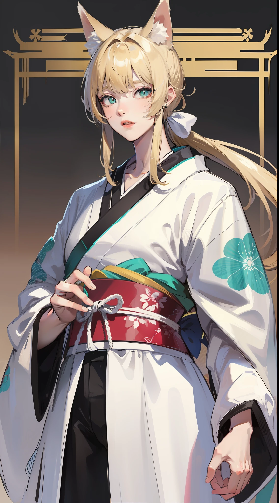 adult man, light blonde hair, low ponytail, white fox ears, white fox tail, Cyan eyes, kimono, Masterpiece, hiquality