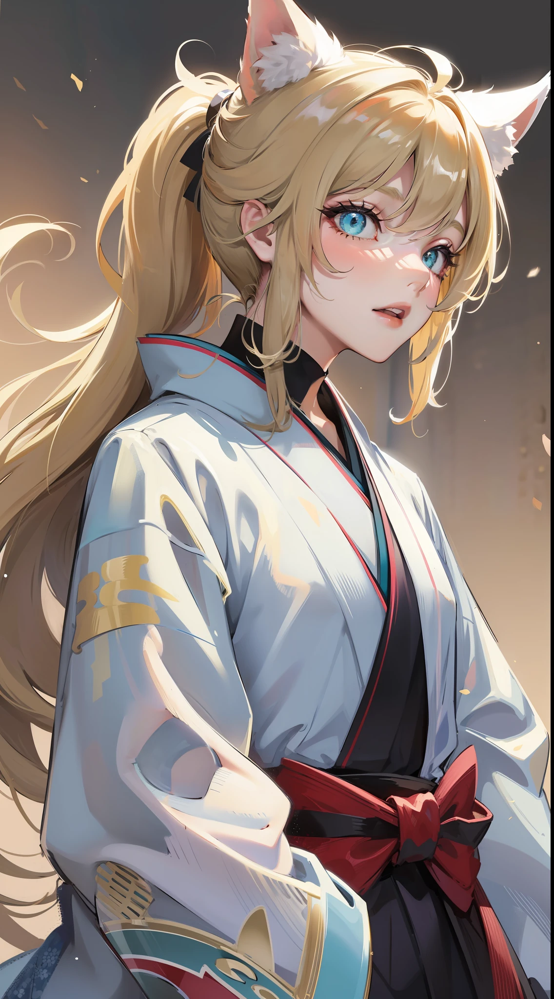 adult man, light blonde hair, low ponytail, white fox ears, white fox tail, Cyan eyes, kimono, Masterpiece, hiquality