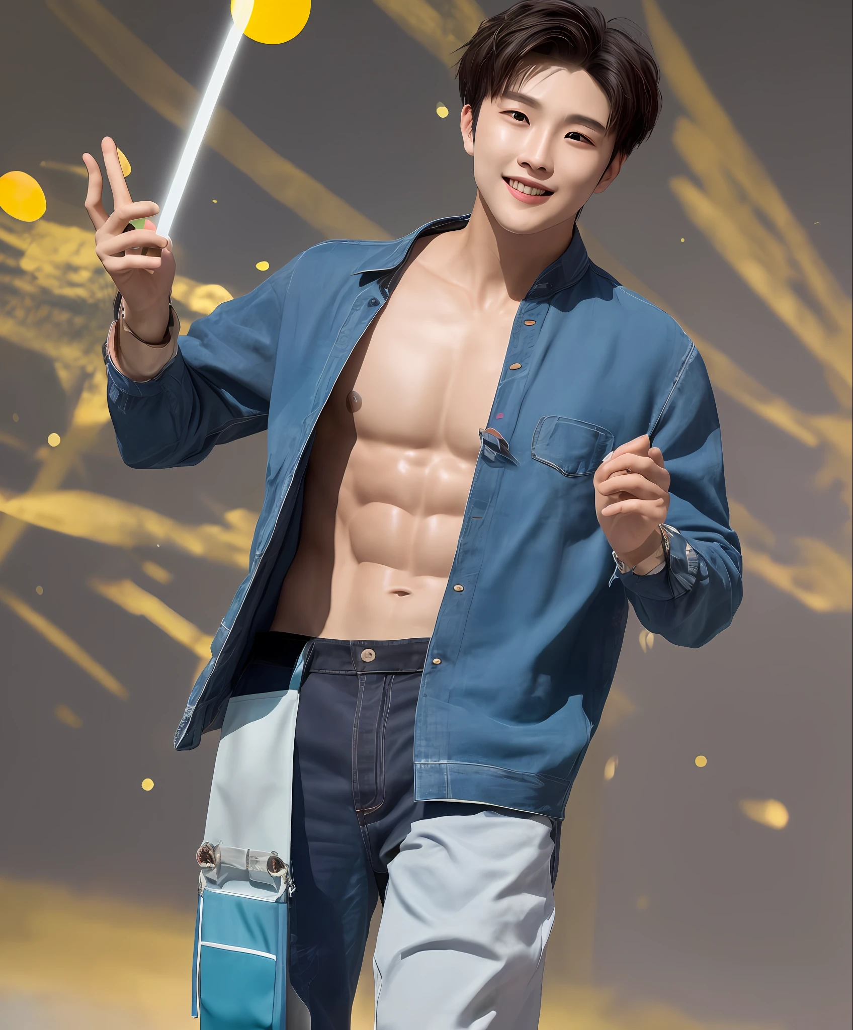 (multi-color BG, k hd, Extreme clarity),(Colorful color scheme),(A young man with a toned body),Zhu Xuanhao,handsome and dashing,Hand-held props,Smile confidently,the Sun Shining,k hd,The best quality,The detail is outstanding,The light and shadow effects stand out,The light leakage shape is hard and clear。