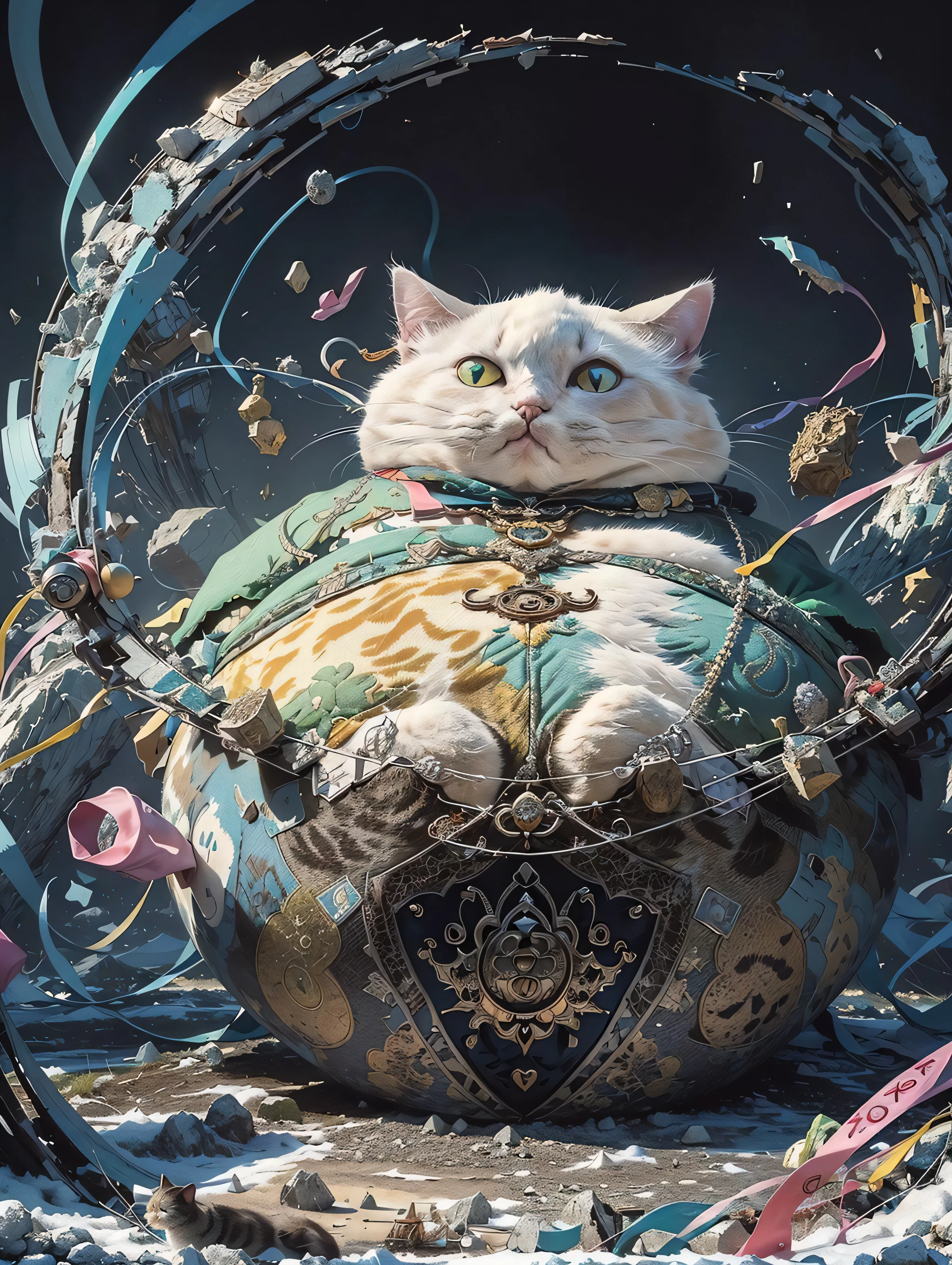 (fat cute cat:1.5) official art, unity 8k wallpaper, ultra detailed, beautiful and aesthetic, masterpiece, best quality, realistic, (zentangle, mandala, tangle, entangle), pov from above, extremely detailed, dynamic angle, the most beautiful form of chaos, elegant, a brutalist designed, vivid colours, romanticism, zhongfenghua