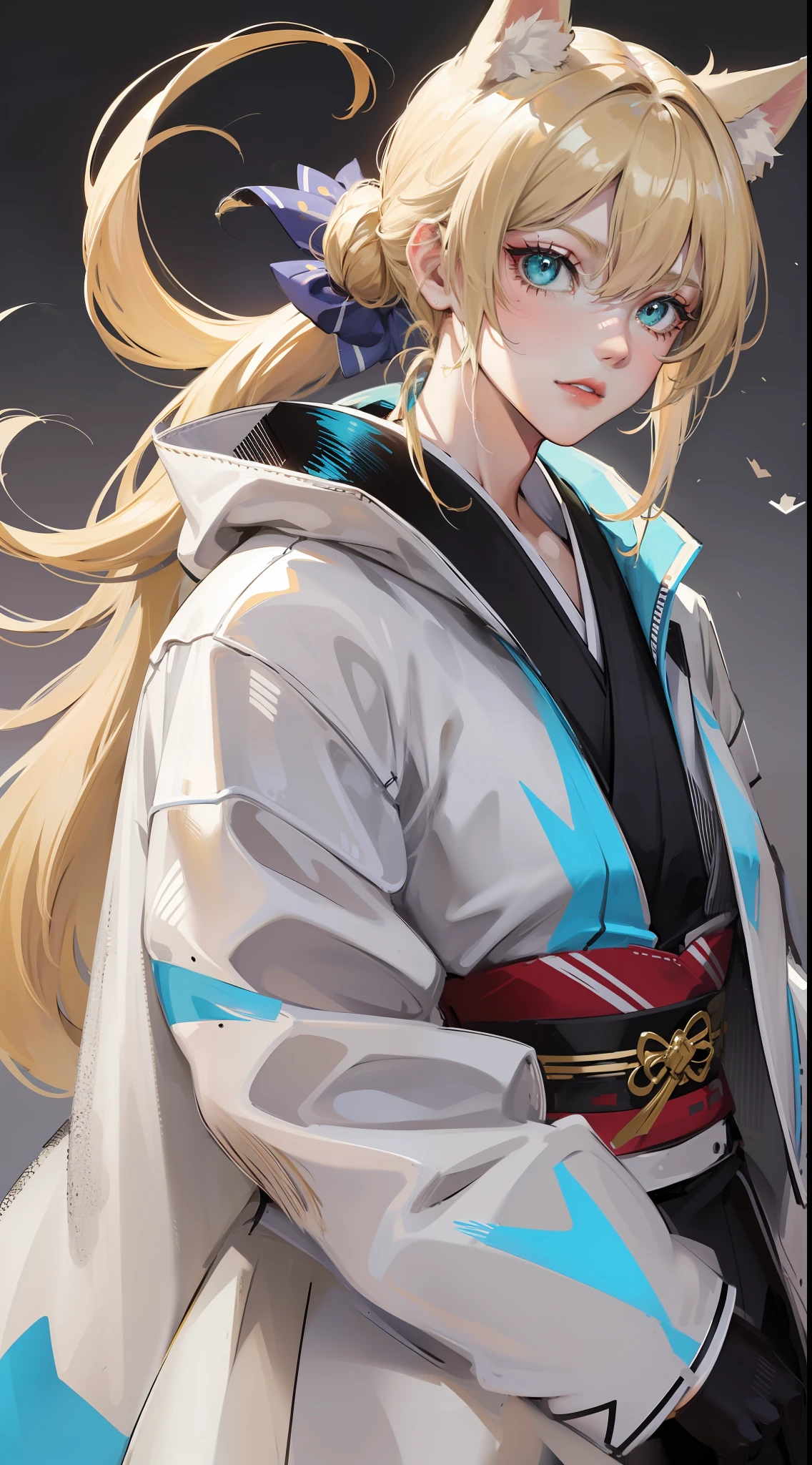 adult man, light blonde hair, low ponytail, white fox ears, white fox tail, Cyan eyes, kimono, Masterpiece, hiquality