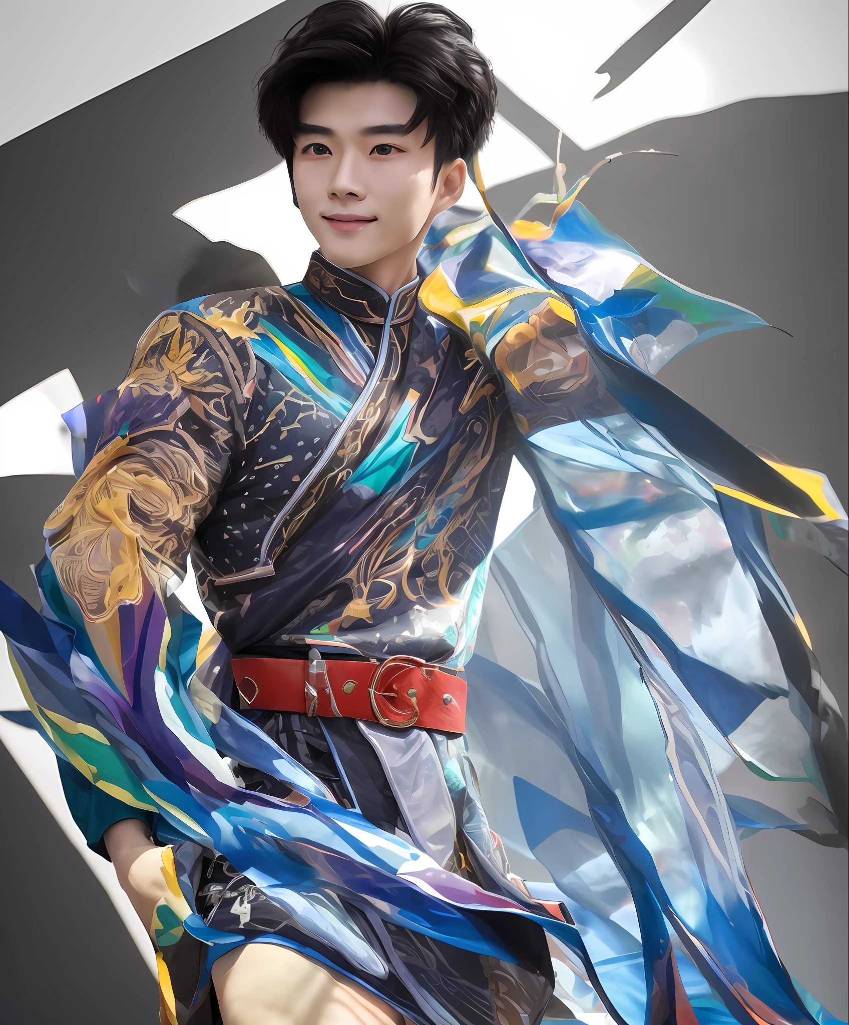 (multi-color BG, k hd, Extreme clarity),(Colorful color scheme),(A young man with a toned body),Zhu Xuanhao,handsome and dashing,Hand-held props,Smile confidently,the Sun Shining,k hd,The best quality,The detail is outstanding,The light and shadow effects stand out,The light leakage shape is hard and clear。