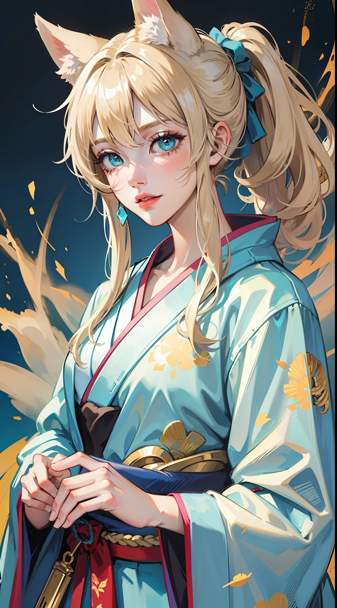 adult man, light blonde hair, low ponytail, white fox ears, white fox tail, Cyan eyes, kimono, Masterpiece, hiquality