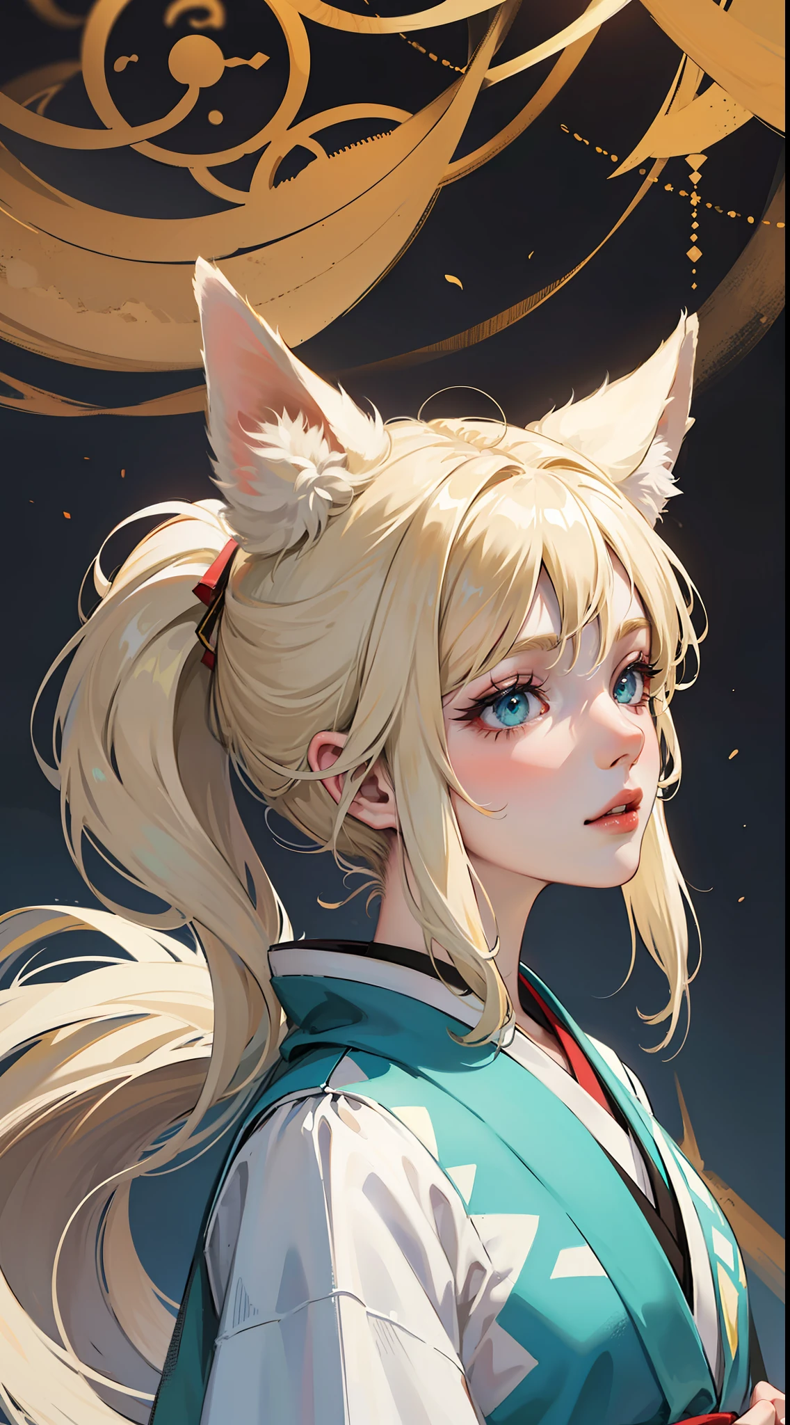 adult man, light blonde hair, low ponytail, white fox ears, white fox tail, Cyan eyes, kimono, Masterpiece, hiquality