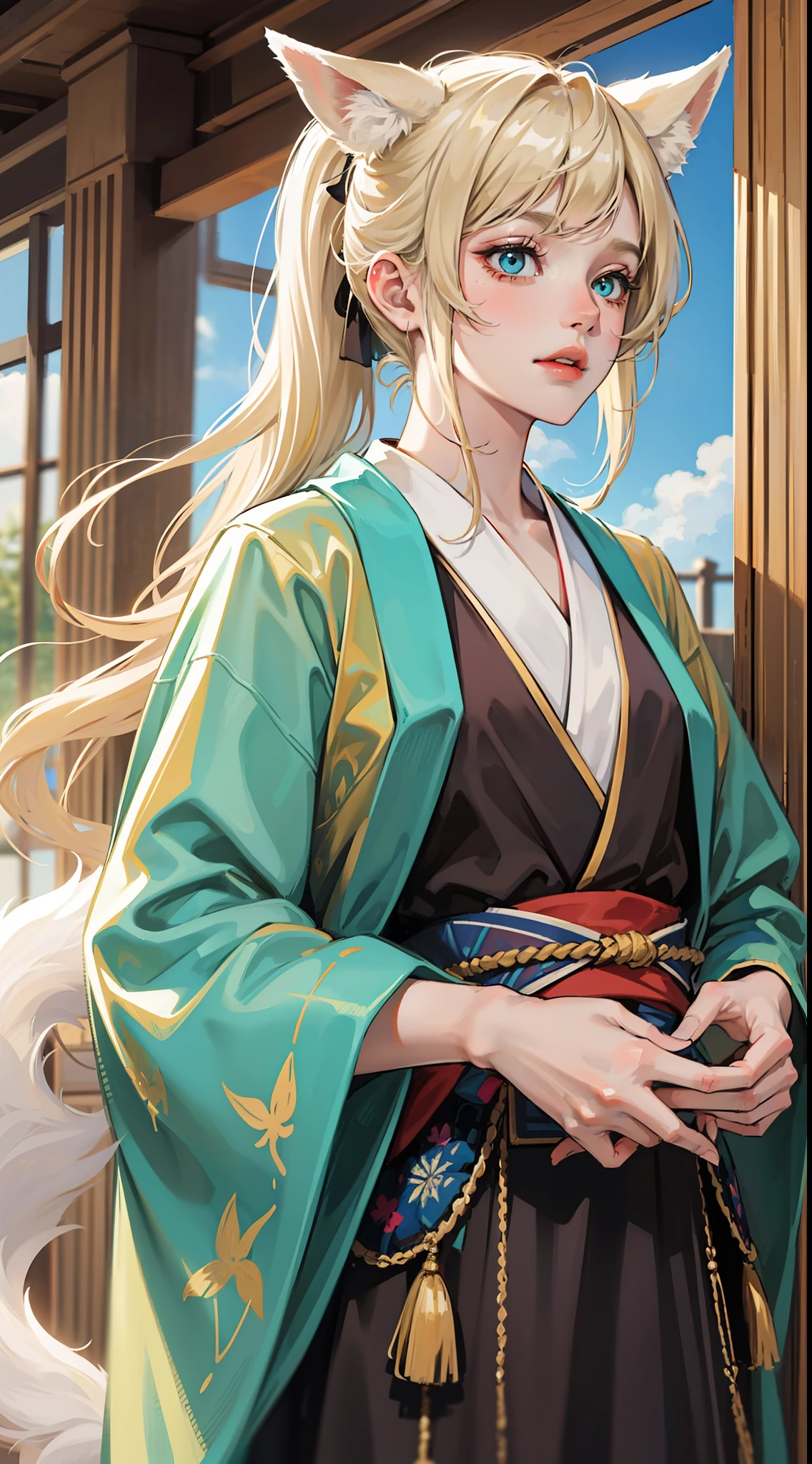 adult man, light blonde hair, low ponytail, white fox ears, white fox tail, Cyan eyes, kimono, Masterpiece, hiquality