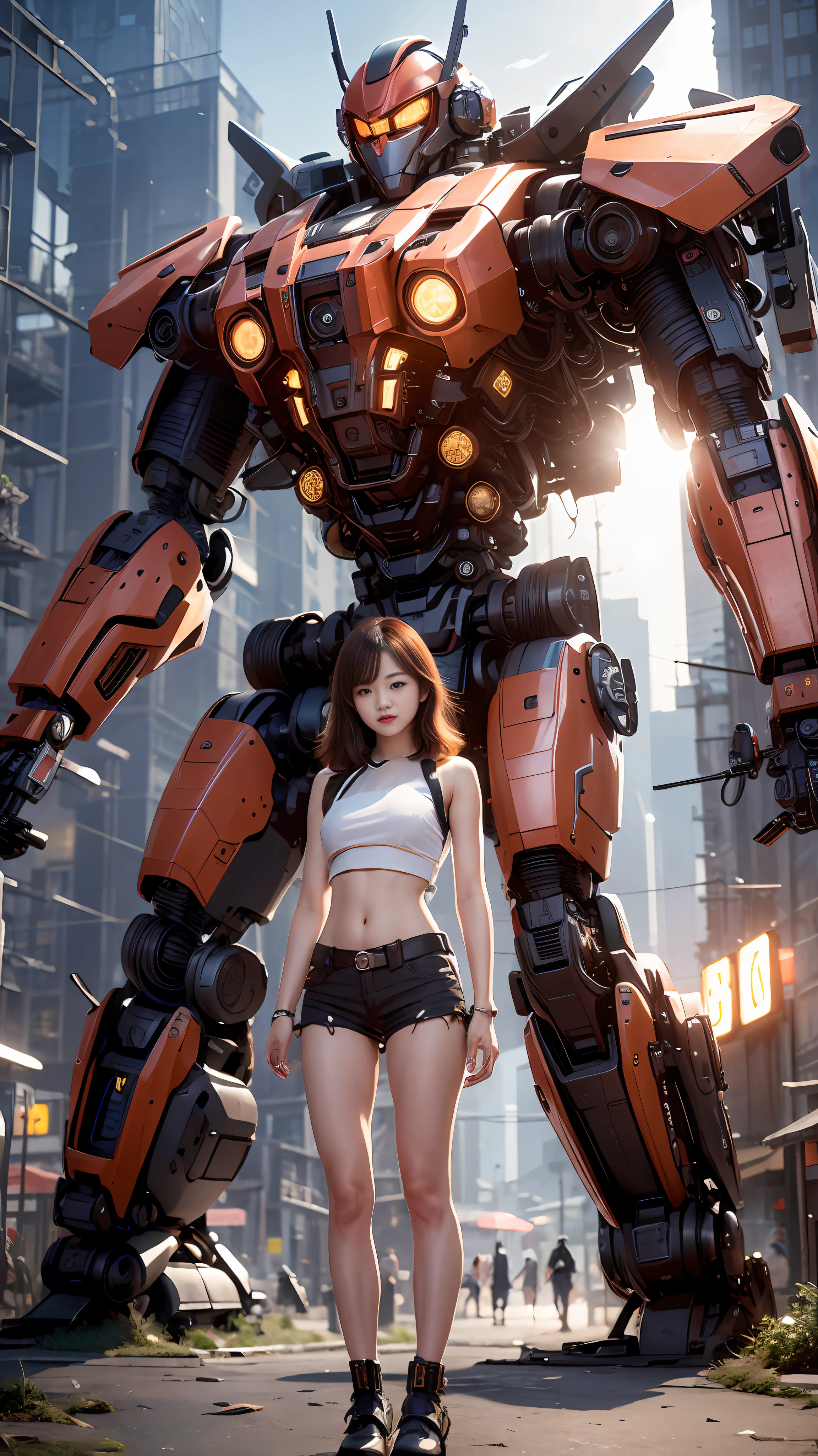 ((masterpiece, best quality)),illustration,ultra detailed 8k,photorealistic,sharp focus,highly detailed,professional lighting,colorful details,iridescent colors BREAK extreme long shot of a factory,large mechanical robot construction,microchip,computer,glowing,intricate details,shitu-mecha,1girl is standing in front of the audience,Navel,Mechanical Ji,